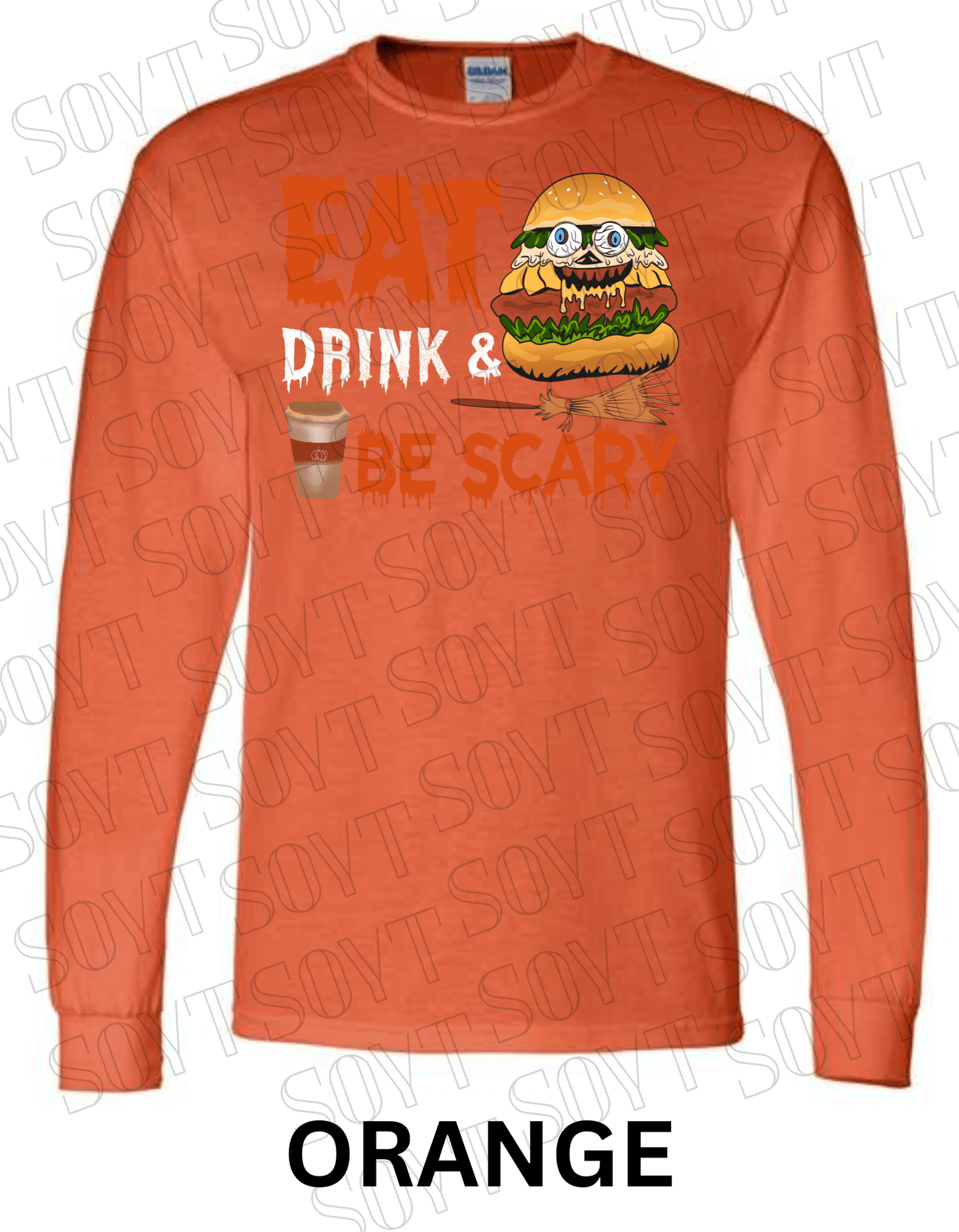"Eat, Drink & Be Scary" Long Sleeve Halloween Shirt – Funny Zombie Burger Graphic Tee for Fall Food Lovers - Festive Apparel StoreOrange