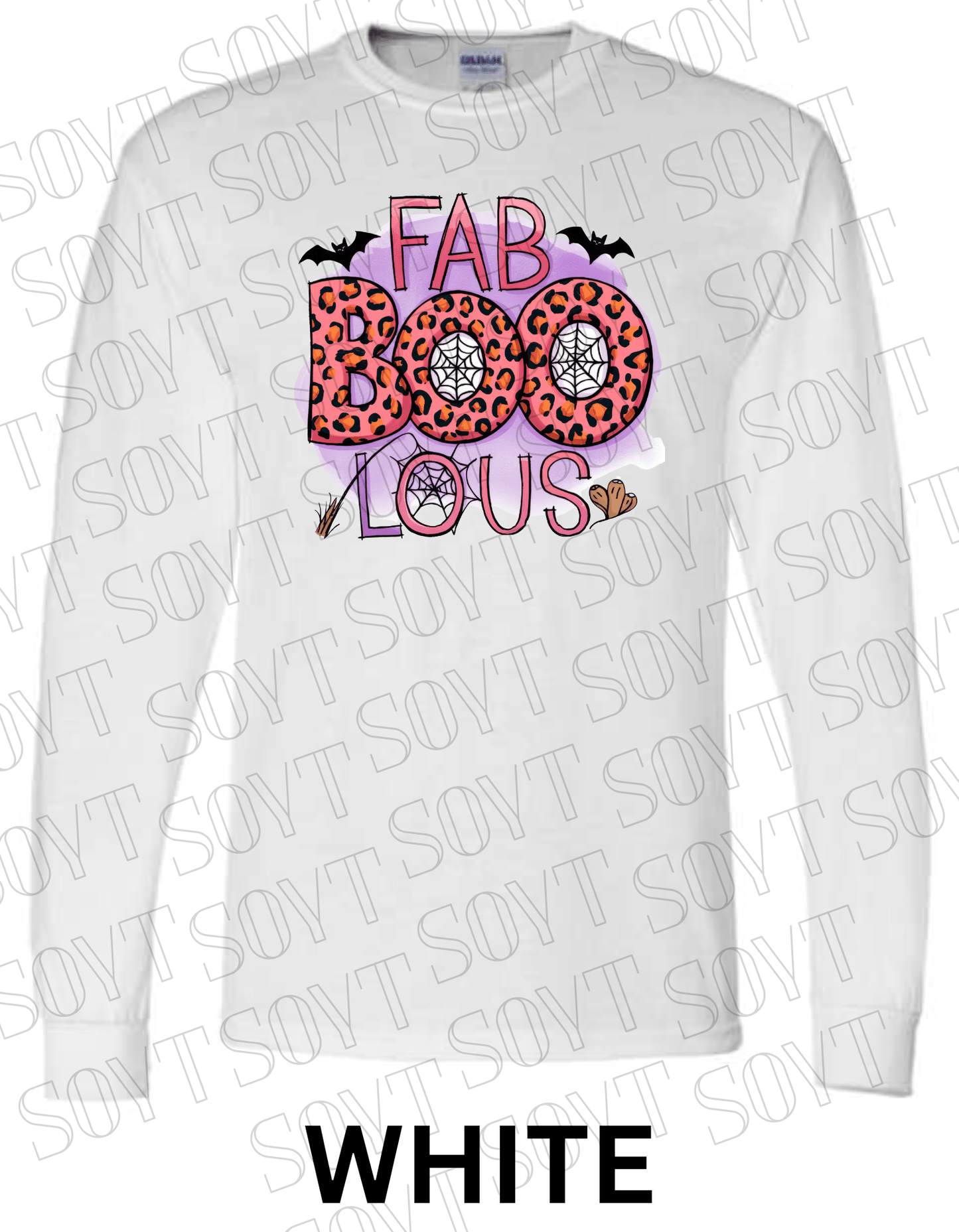 FAB - BOO - LOUS Halloween Long Sleeve Shirt – Leopard BOO, Spider Web & Bat Graphic - Festive Apparel StoreWhite