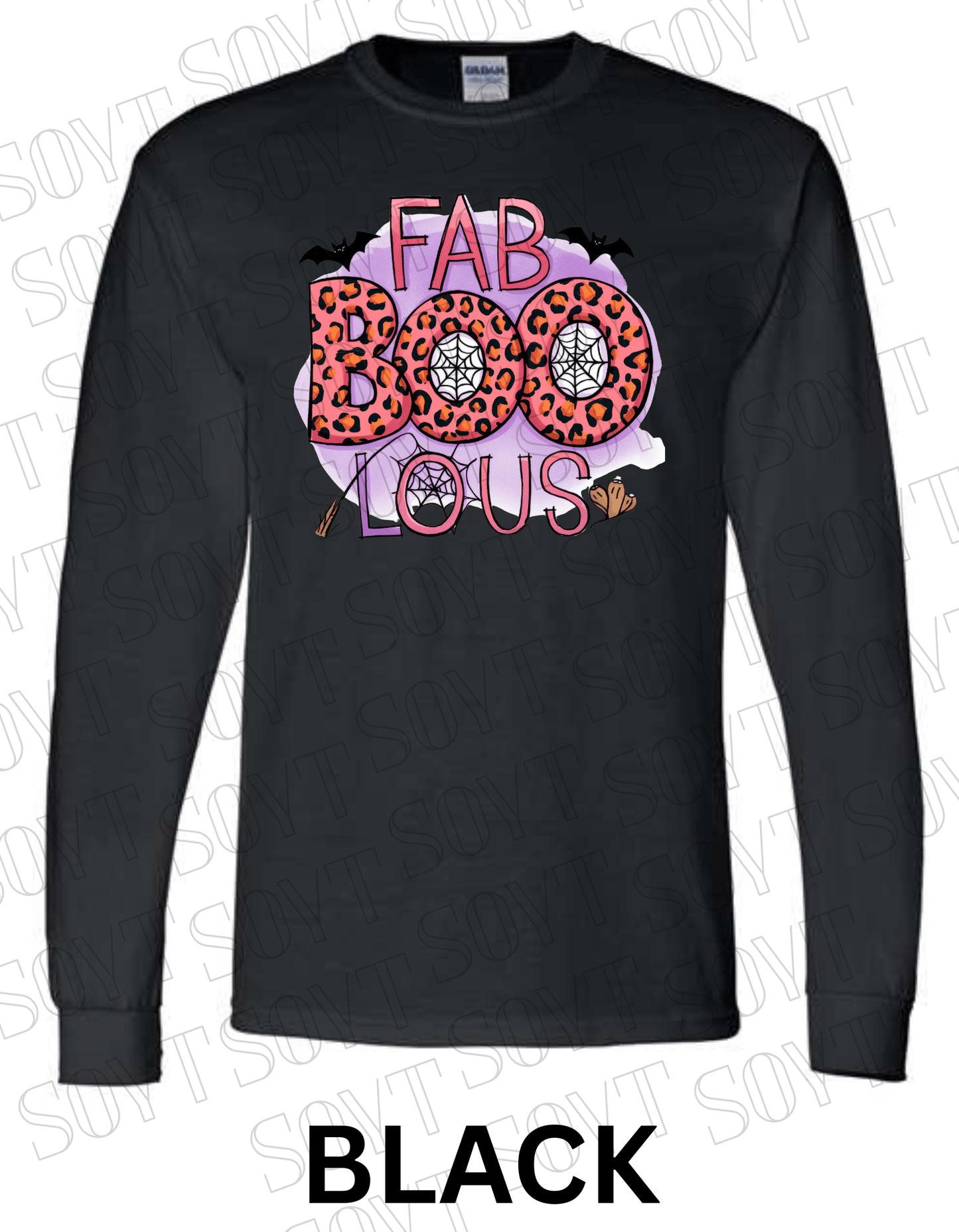 FAB - BOO - LOUS Halloween Long Sleeve Shirt – Leopard BOO, Spider Web & Bat Graphic - Festive Apparel StoreBlack