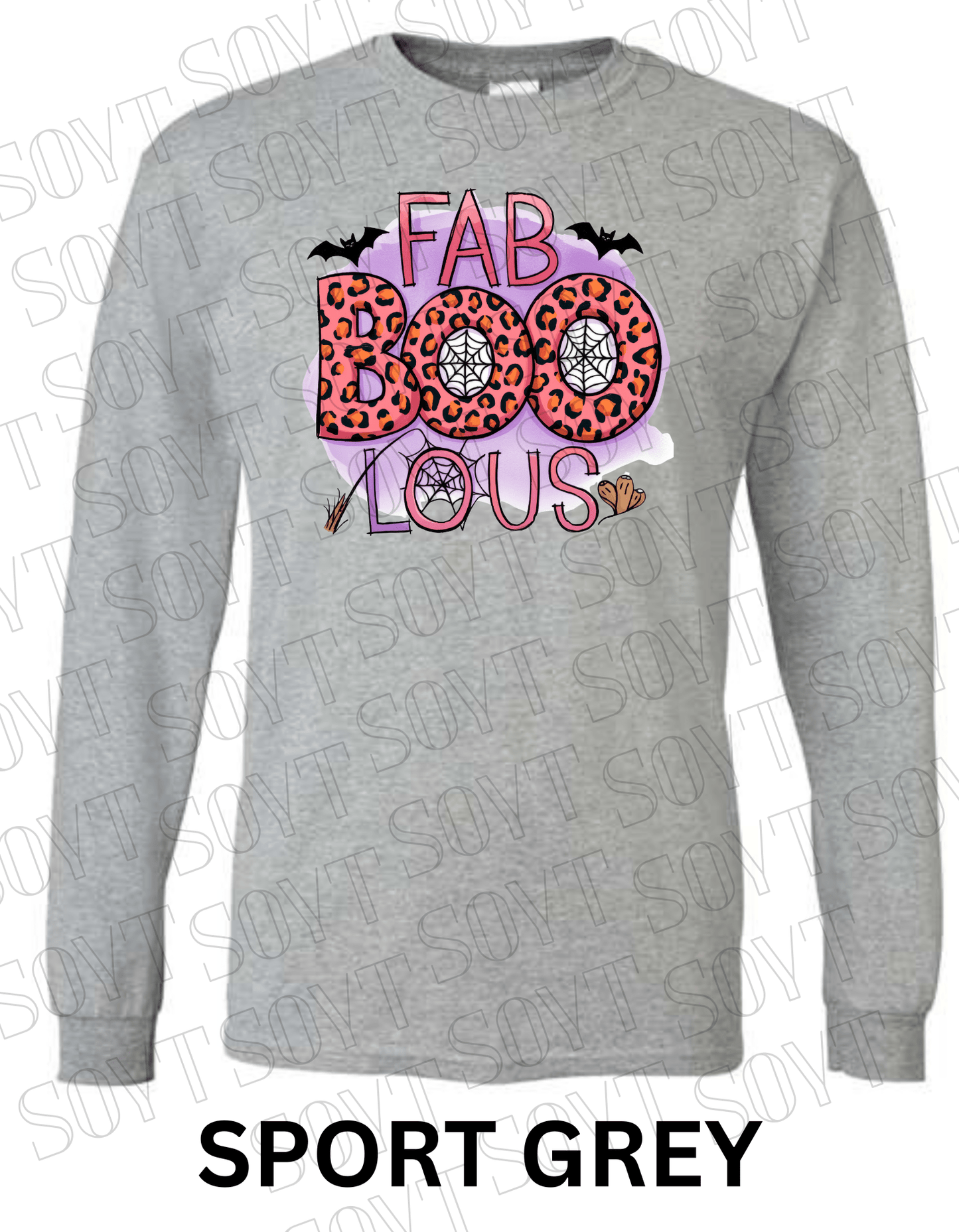 FAB - BOO - LOUS Halloween Long Sleeve Shirt – Leopard BOO, Spider Web & Bat Graphic - Festive Apparel StoreSport Grey