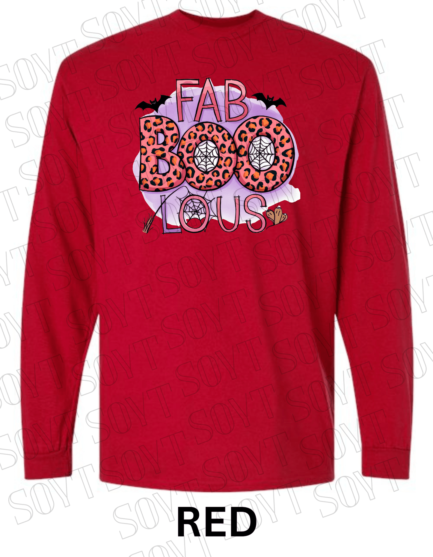 FAB - BOO - LOUS Halloween Long Sleeve Shirt – Leopard BOO, Spider Web & Bat Graphic - Festive Apparel StoreRed