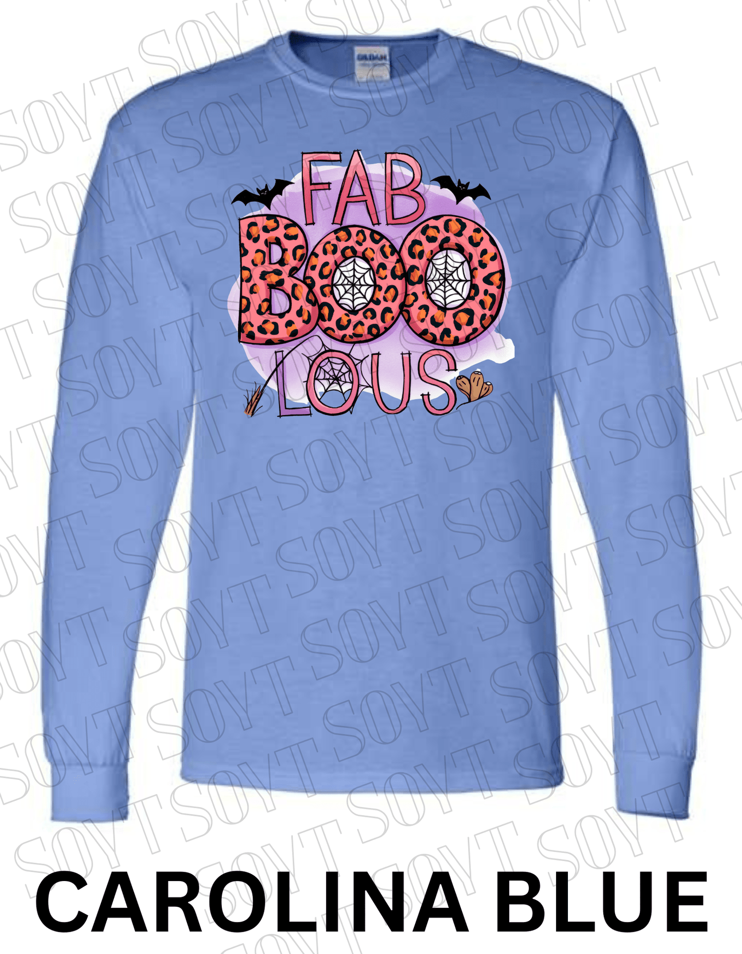 FAB - BOO - LOUS Halloween Long Sleeve Shirt – Leopard BOO, Spider Web & Bat Graphic - Festive Apparel StoreCarolina Blue