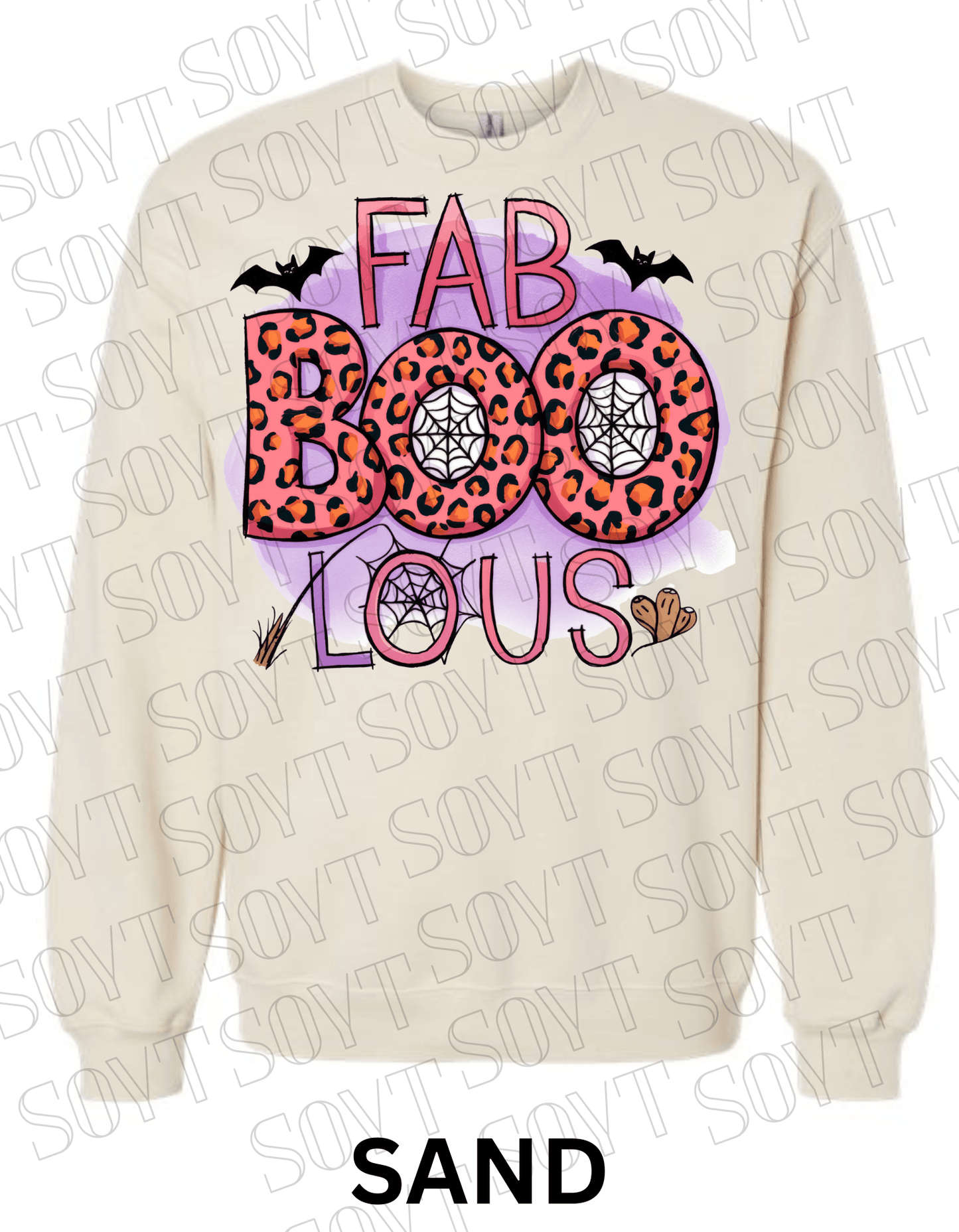 FAB - BOO - LOUS Halloween Sweatshirt – Leopard BOO, Spiderweb & Bat Graphic Pullover - Festive Apparel StoreSand