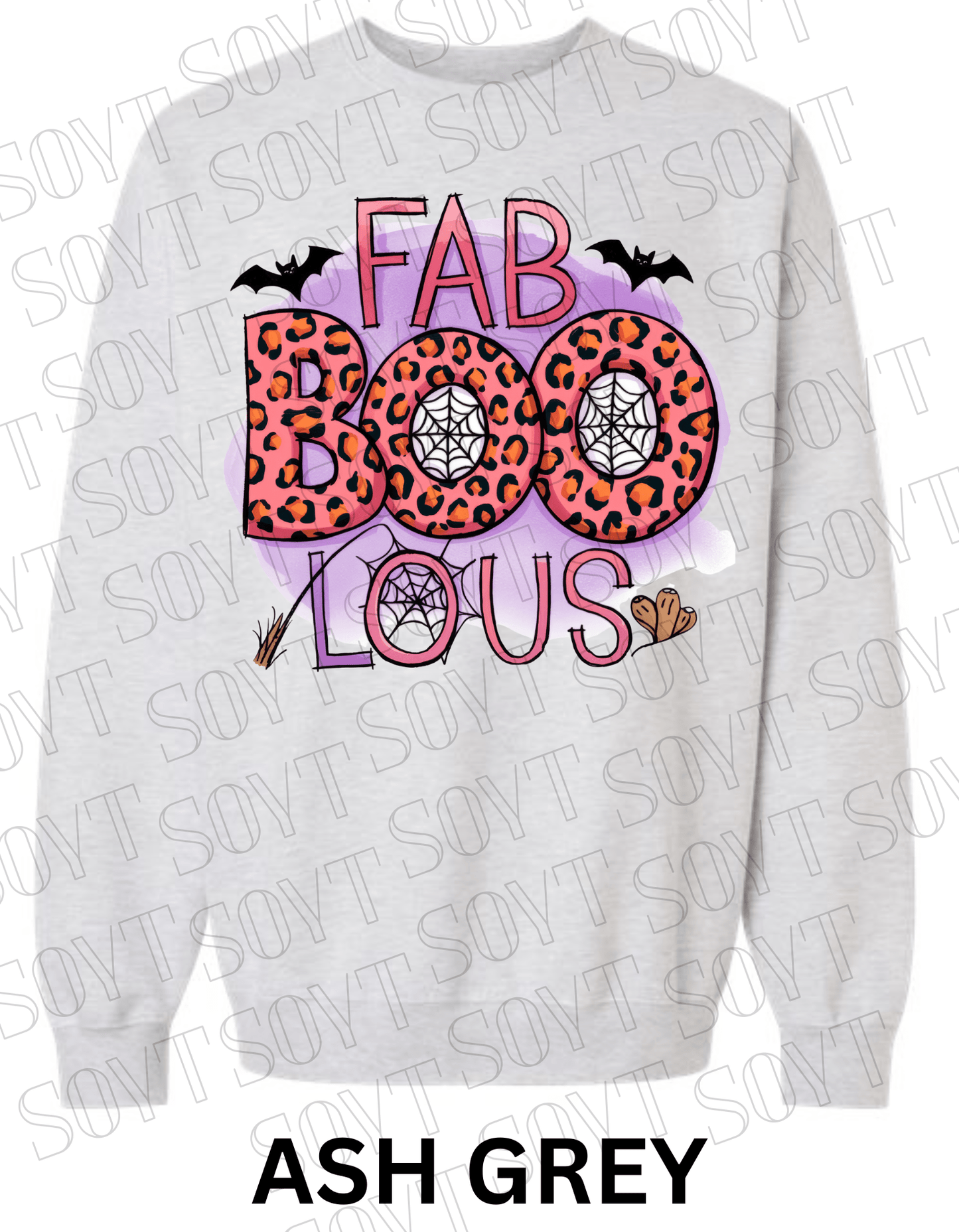 FAB - BOO - LOUS Halloween Sweatshirt – Leopard BOO, Spiderweb & Bat Graphic Pullover - Festive Apparel StoreAsh Grey