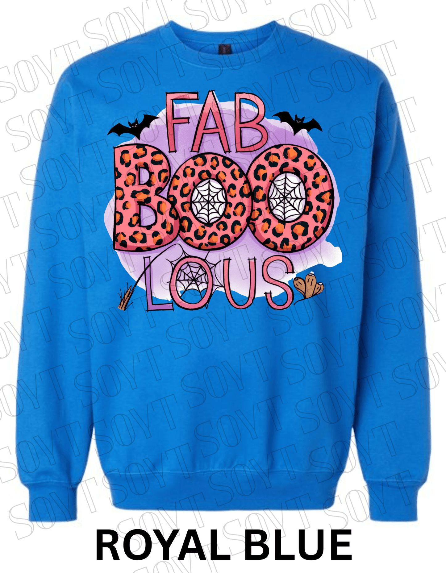 FAB - BOO - LOUS Halloween Sweatshirt – Leopard BOO, Spiderweb & Bat Graphic Pullover - Festive Apparel StoreRoyal Blue
