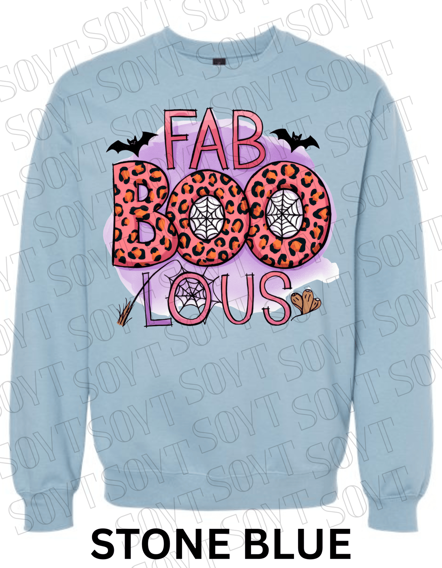 FAB - BOO - LOUS Halloween Sweatshirt – Leopard BOO, Spiderweb & Bat Graphic Pullover - Festive Apparel StoreStone Blue