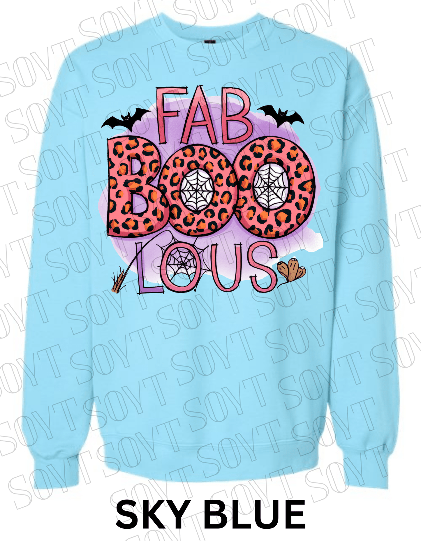 FAB - BOO - LOUS Halloween Sweatshirt – Leopard BOO, Spiderweb & Bat Graphic Pullover - Festive Apparel StoreSky Blue