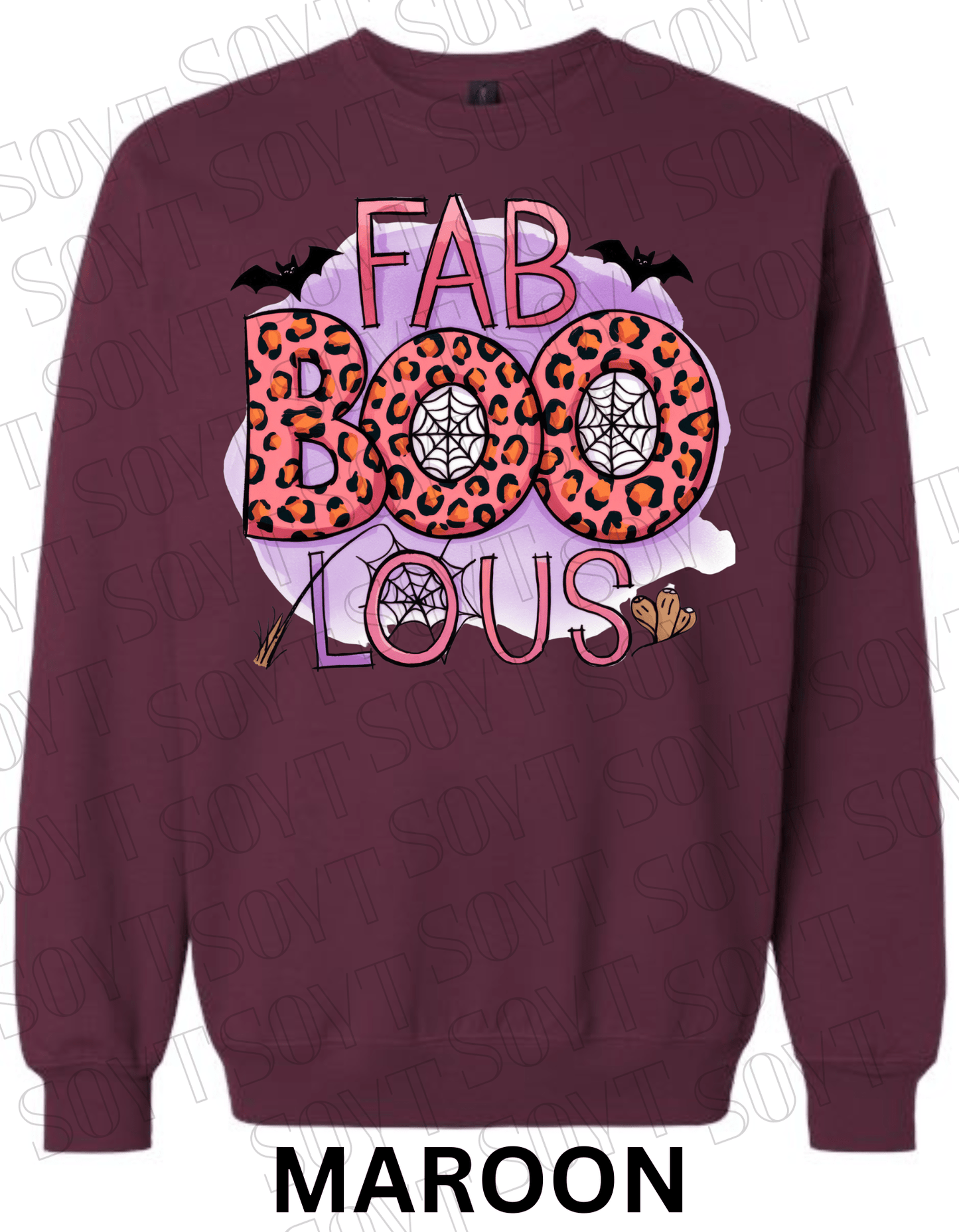 FAB - BOO - LOUS Halloween Sweatshirt – Leopard BOO, Spiderweb & Bat Graphic Pullover - Festive Apparel StoreMaroon