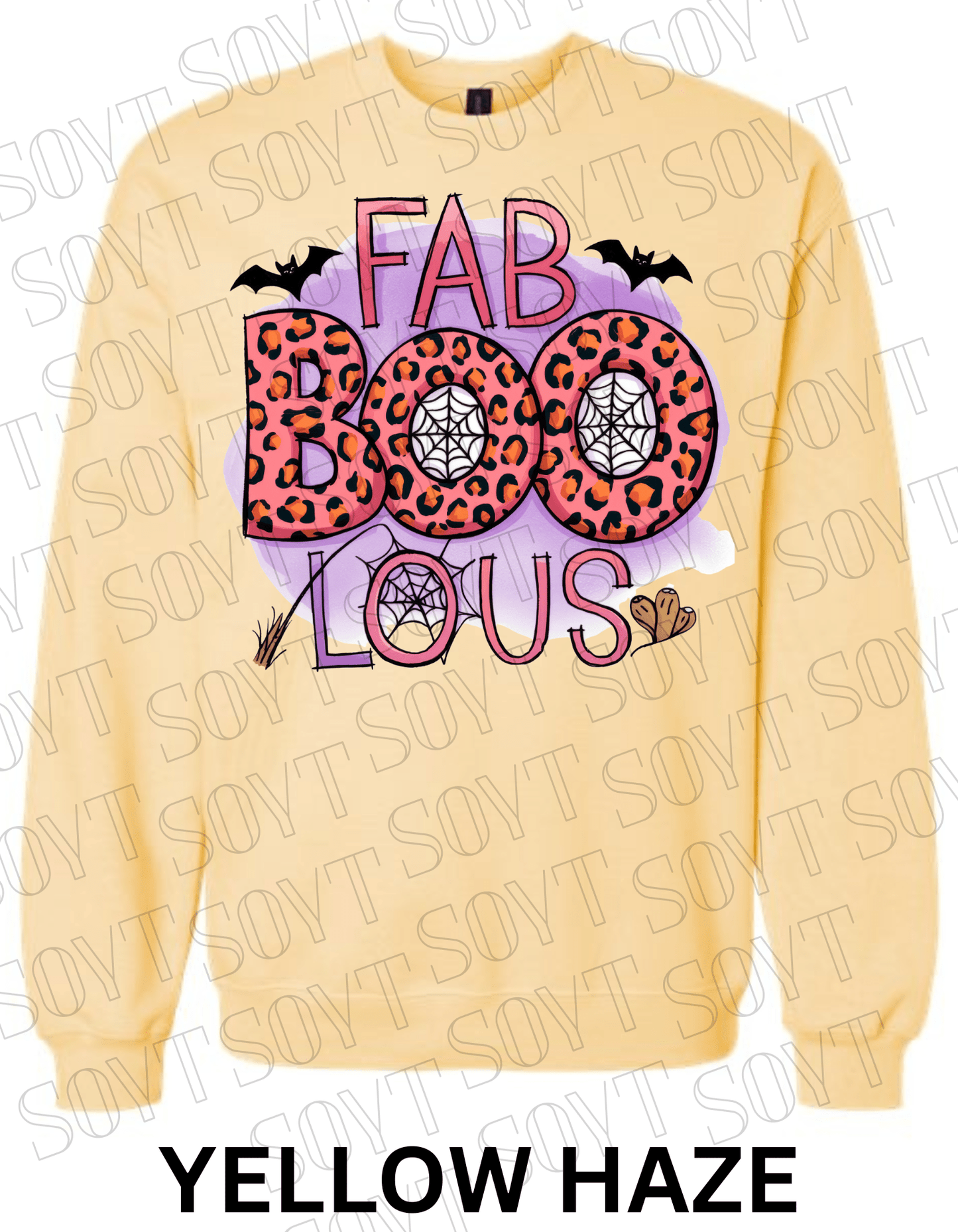 FAB - BOO - LOUS Halloween Sweatshirt – Leopard BOO, Spiderweb & Bat Graphic Pullover - Festive Apparel StoreYellow Haze