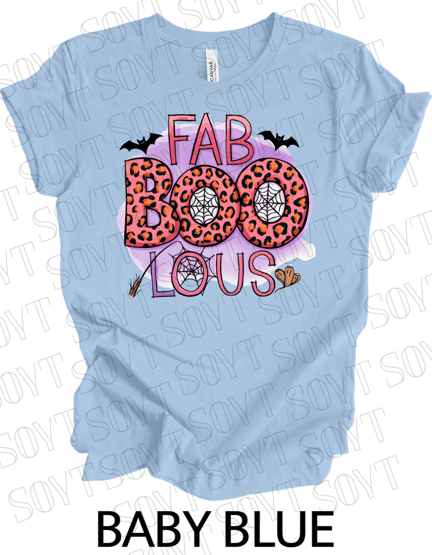 FAB - BOO - LOUS Halloween T-Shirt – Leopard Print Spider Web & Bats Graphic Tee - Festive Apparel StoreBaby Blue