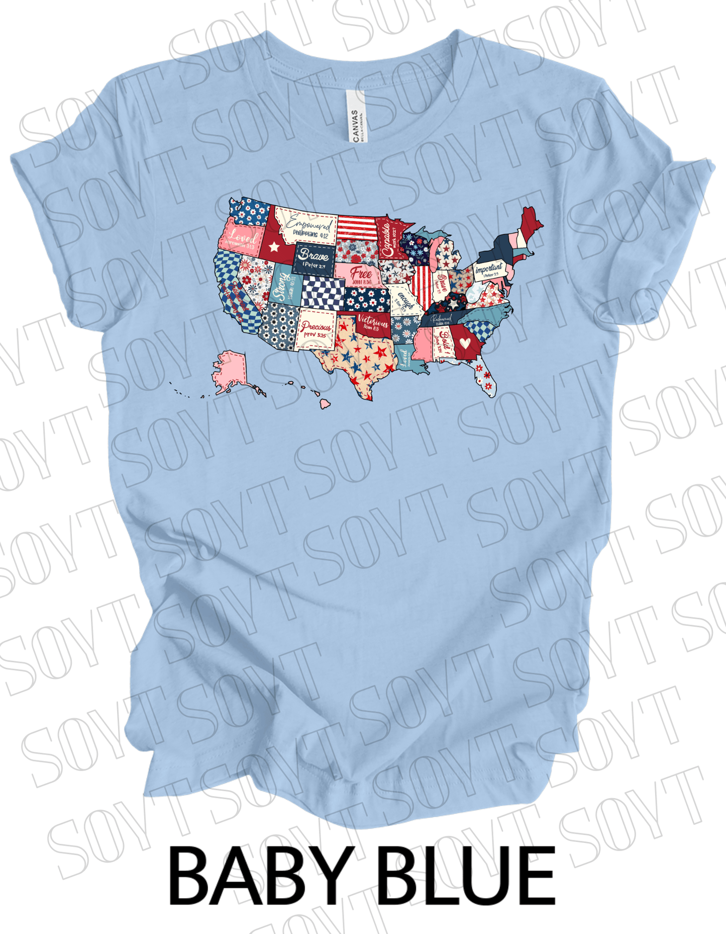 Faith and Freedom USA Map T-Shirt – Bella+Canvas Christian Patriotic Tee - Festive Apparel StoreBaby Blue