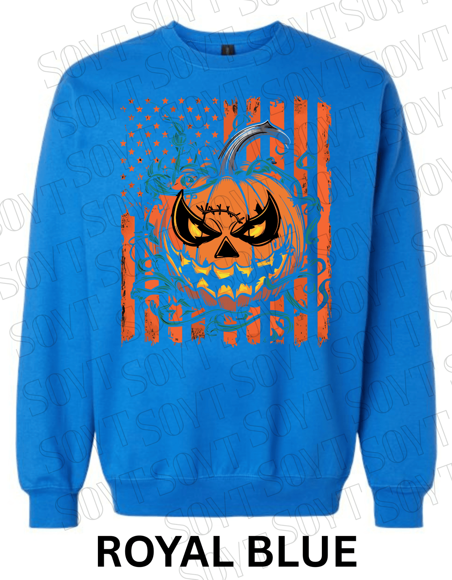 Fierce Jack - O’ - Lantern Halloween Sweatshirt – Distressed Flag & Angry Pumpkin Pullover - Festive Apparel StoreRoyal Blue