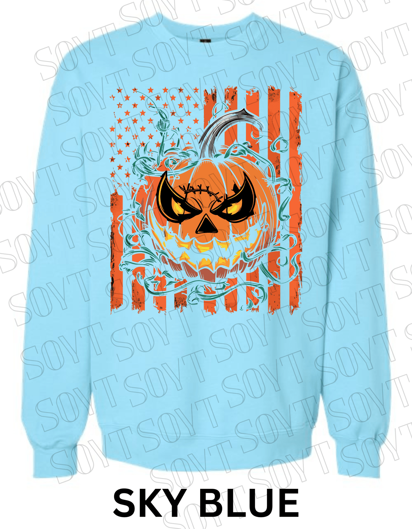 Fierce Jack - O’ - Lantern Halloween Sweatshirt – Distressed Flag & Angry Pumpkin Pullover - Festive Apparel StoreSky Blue