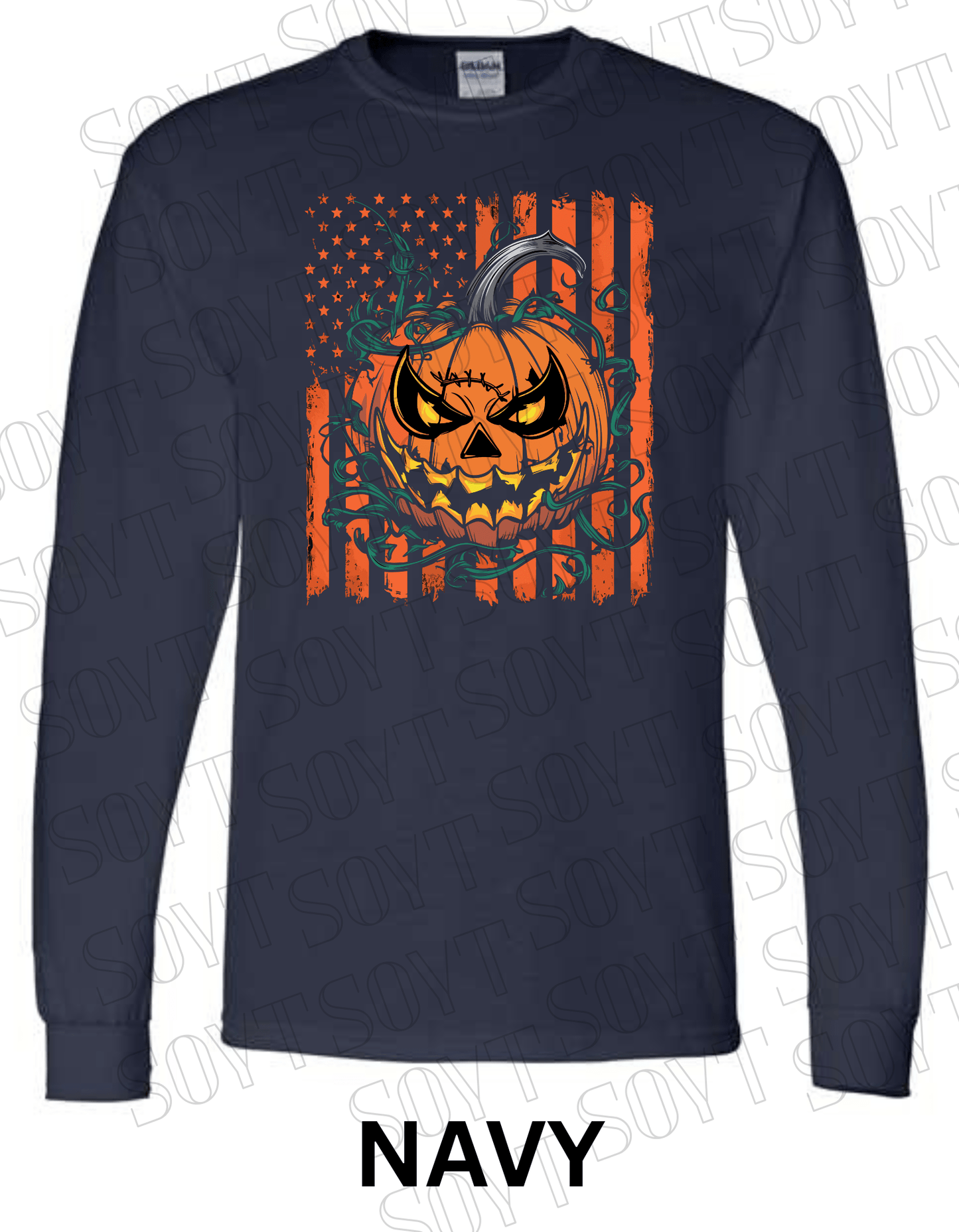 Fierce Jack - O’ - Lantern Long Sleeve Shirt – Halloween Pumpkin & Flag Graphic - Festive Apparel StoreNavy Blue