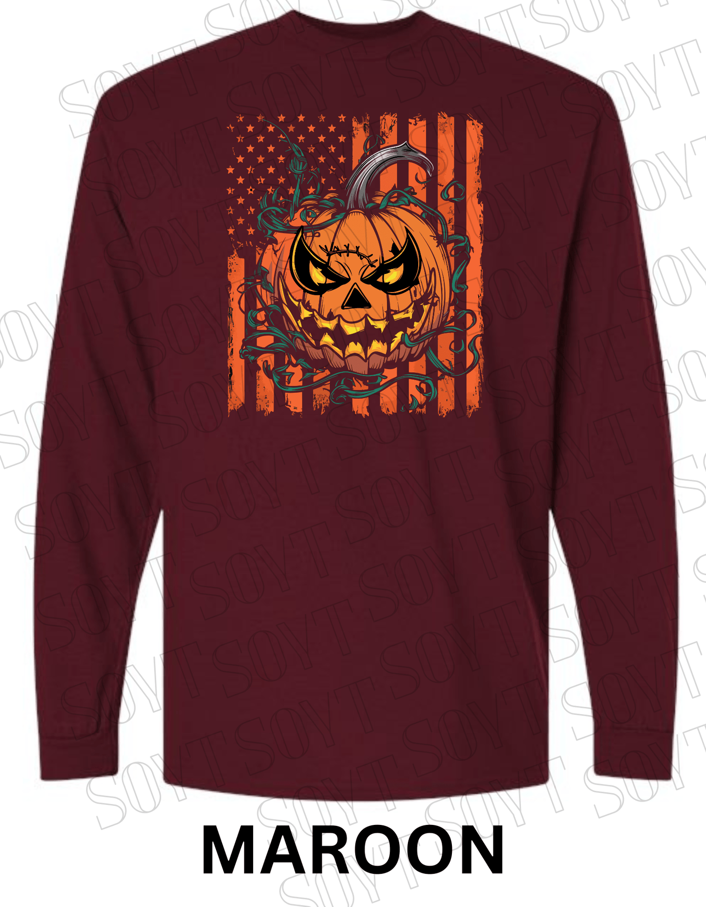Fierce Jack - O’ - Lantern Long Sleeve Shirt – Halloween Pumpkin & Flag Graphic - Festive Apparel StoreMaroon