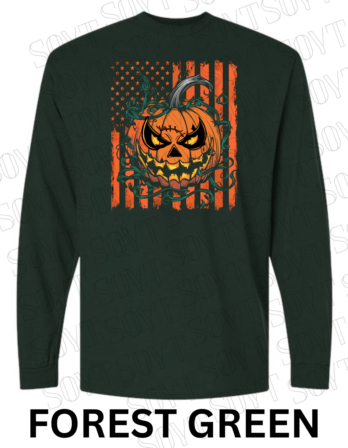 Fierce Jack - O’ - Lantern Long Sleeve Shirt – Halloween Pumpkin & Flag Graphic - Festive Apparel StoreForest Green