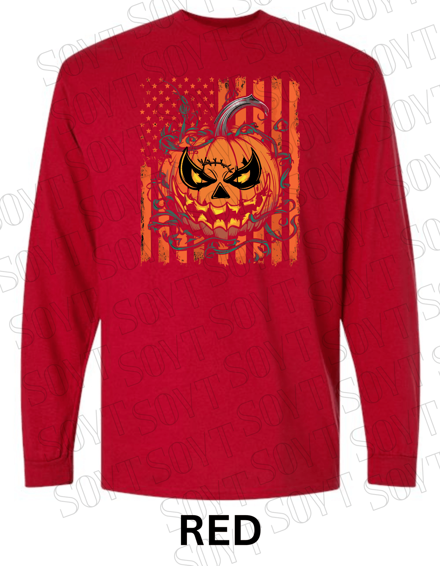 Fierce Jack - O’ - Lantern Long Sleeve Shirt – Halloween Pumpkin & Flag Graphic - Festive Apparel StoreRed