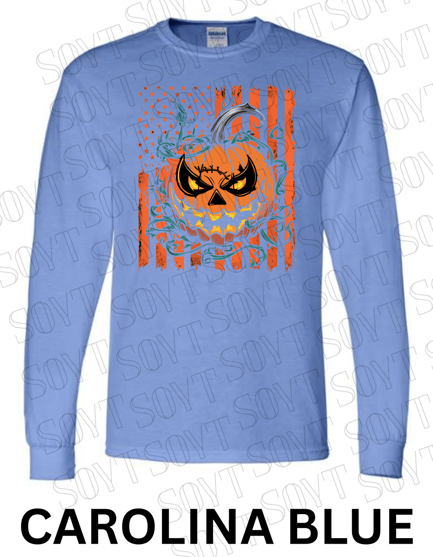 Fierce Jack - O’ - Lantern Long Sleeve Shirt – Halloween Pumpkin & Flag Graphic - Festive Apparel StoreCarolina Blue