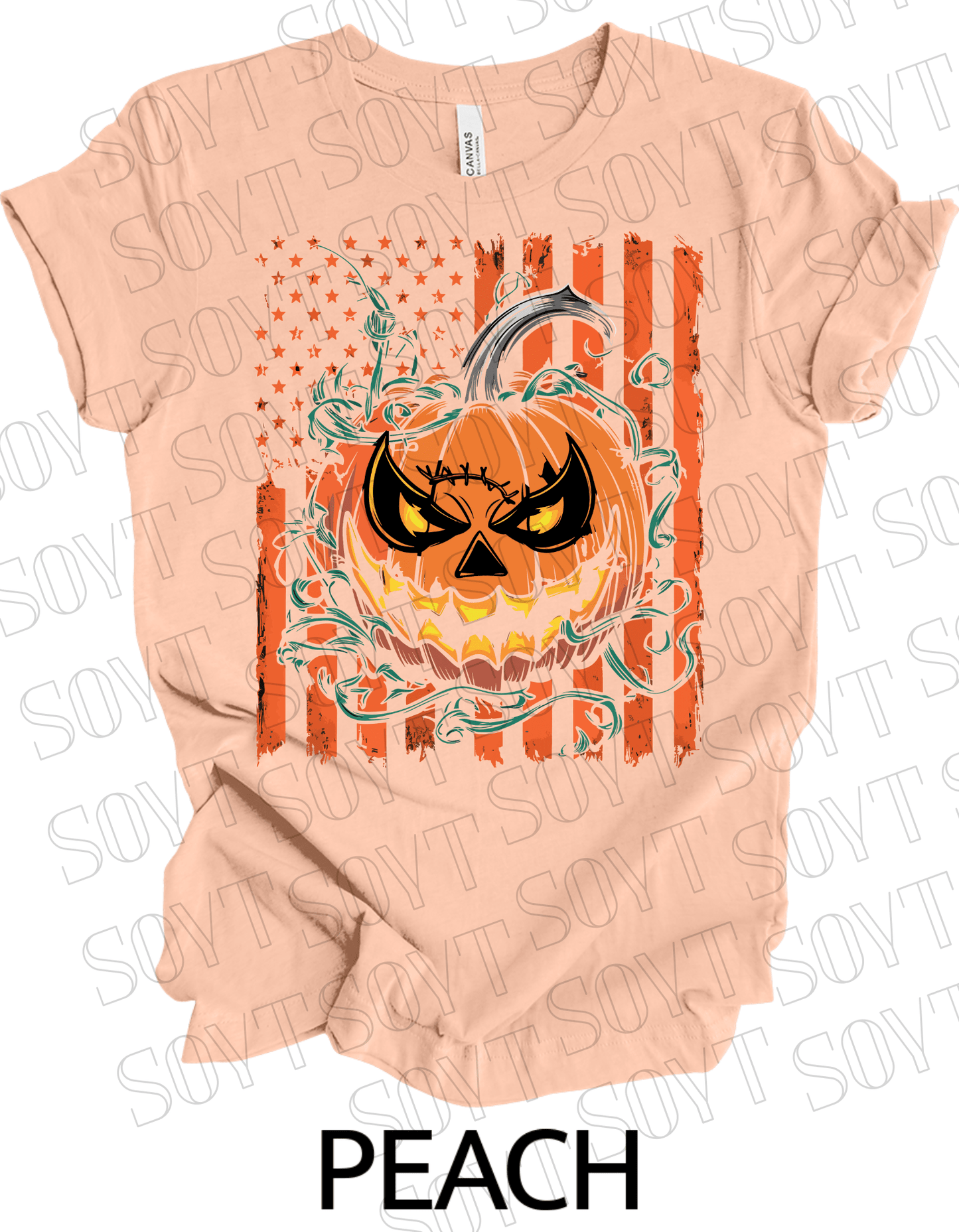 Fierce Jack - O’ - Lantern T-Shirt – Halloween Pumpkin Face with American Flag Graphic Tee - Festive Apparel StorePeach