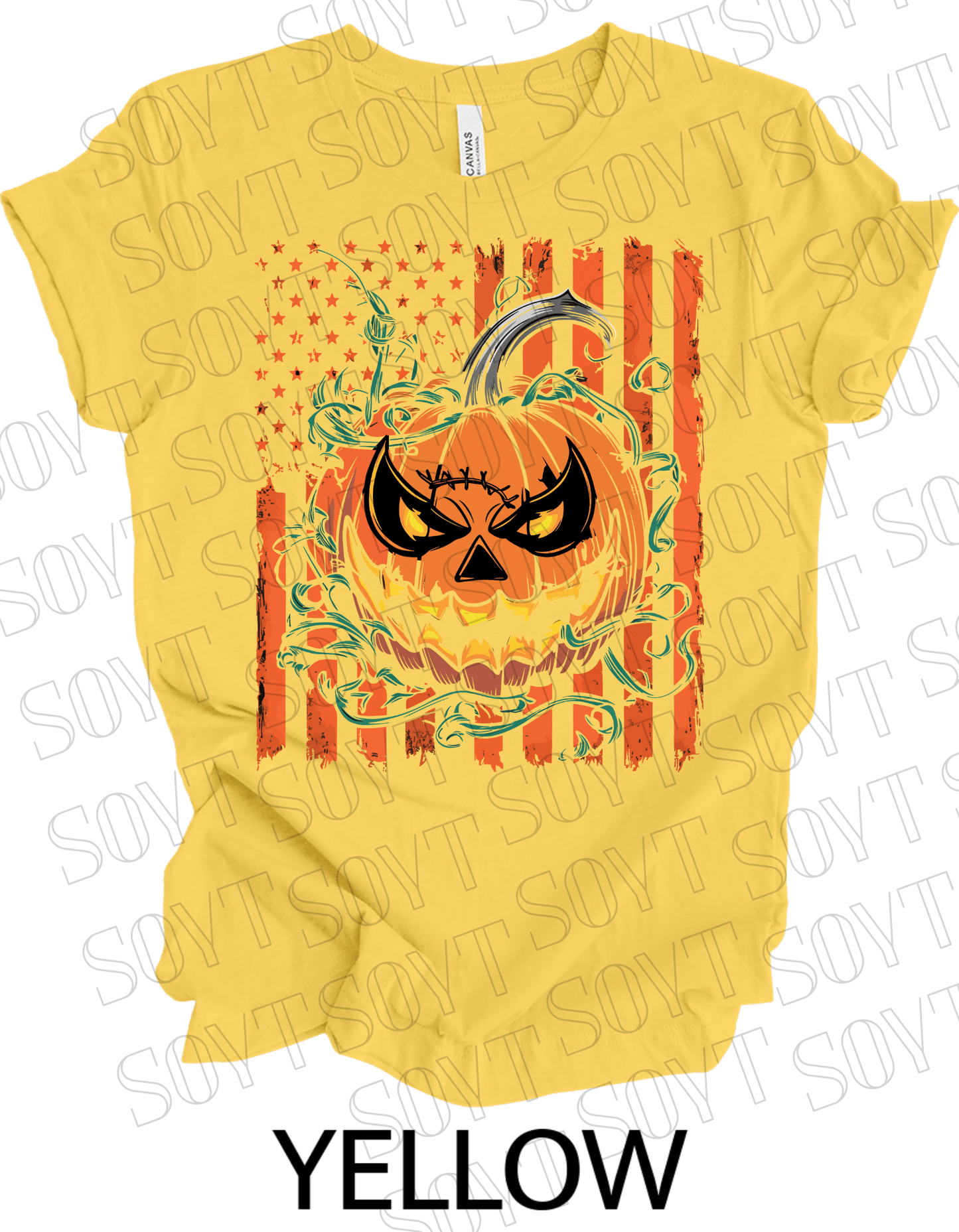 Fierce Jack - O’ - Lantern T-Shirt – Halloween Pumpkin Face with American Flag Graphic Tee - Festive Apparel StoreYellow
