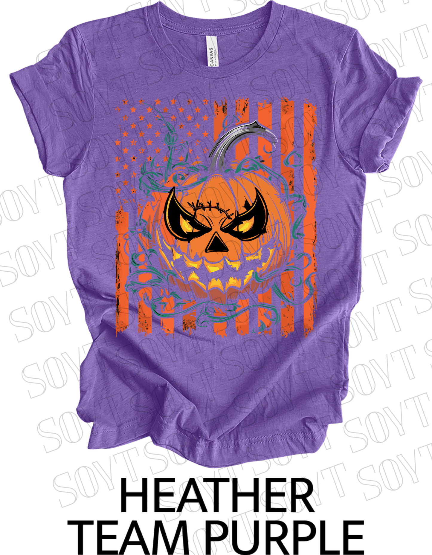 Fierce Jack - O’ - Lantern T-Shirt – Halloween Pumpkin Face with American Flag Graphic Tee - Festive Apparel StoreHeather Purple