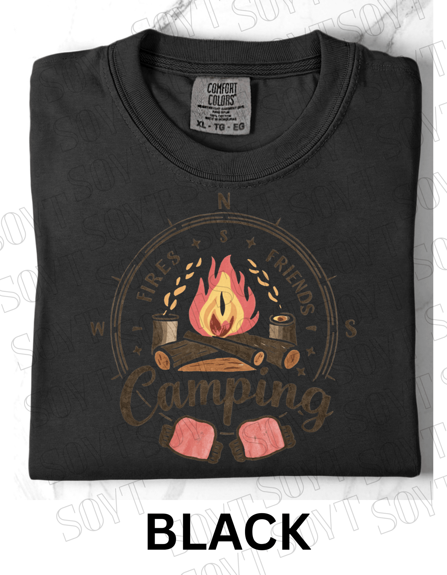 Fires Friends Camping T-Shirt – Compass Campfire Graphic Tee - Festive Apparel StoreBlack