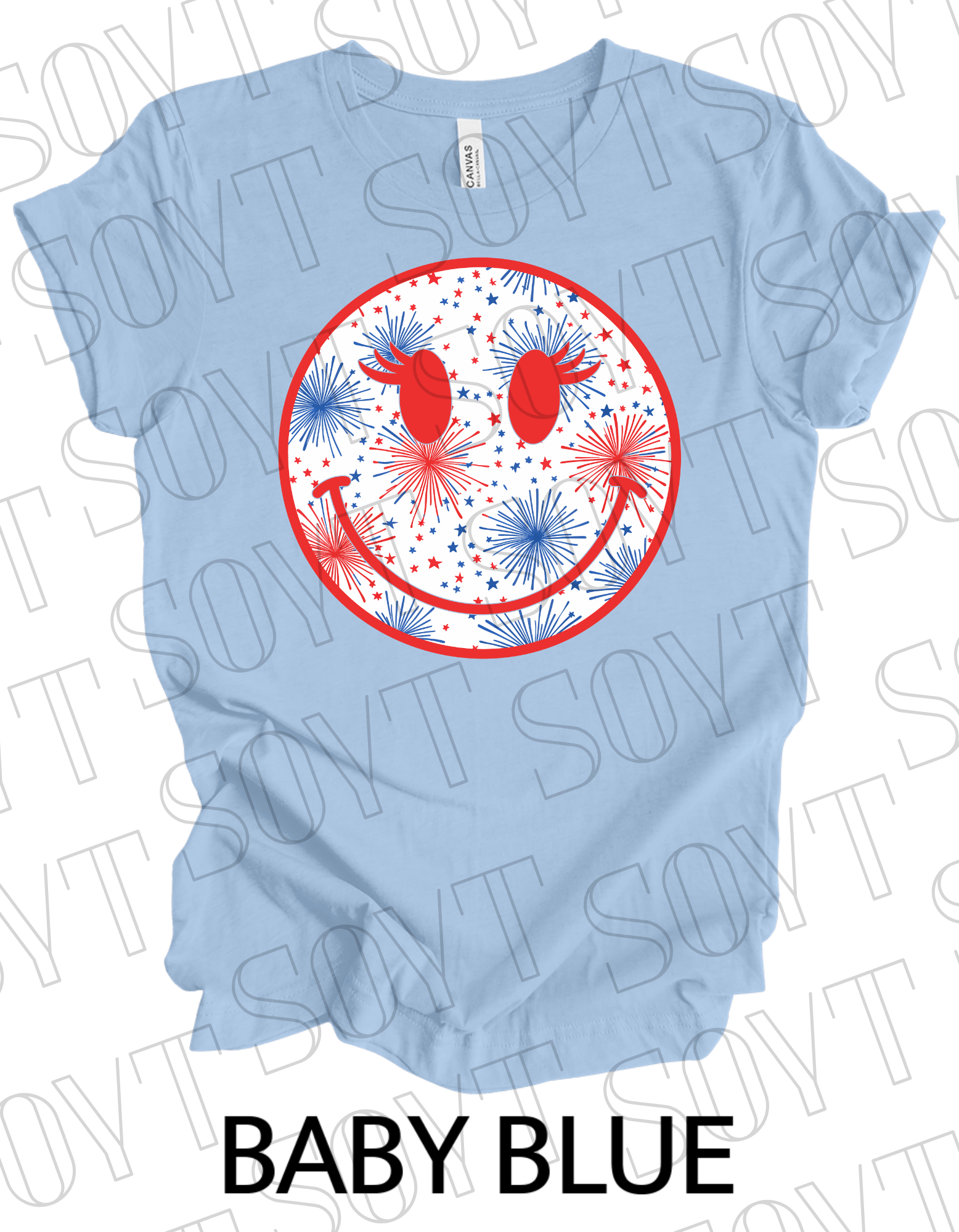 Fireworks Smiley Face T-Shirt – Bella+Canvas Fun Patriotic Graphic Tee - Festive Apparel StoreBaby Blue