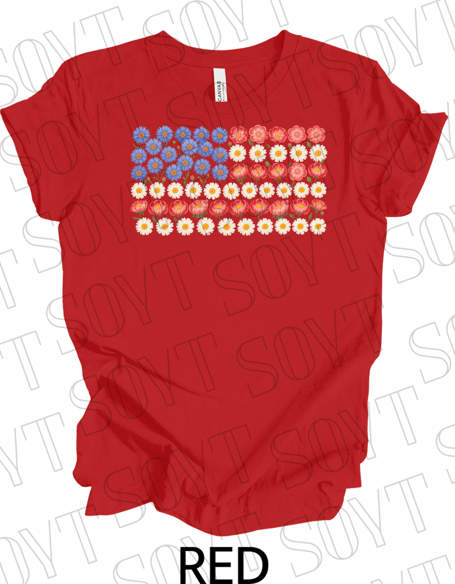 Floral Flag T-Shirt – Bella+Canvas Patriotic Wildflower Tee - Festive Apparel StoreRed