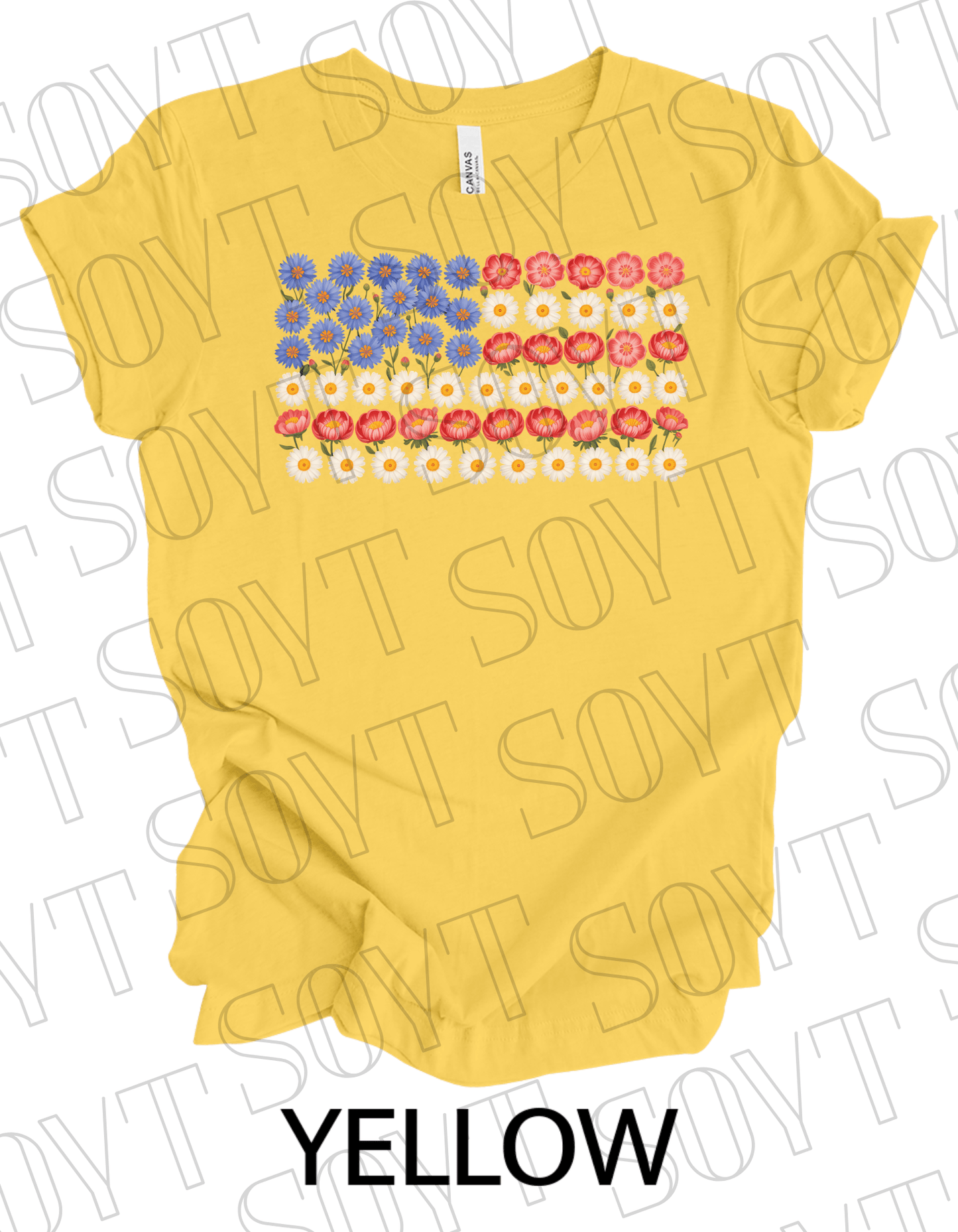 Floral Flag T-Shirt – Bella+Canvas Patriotic Wildflower Tee - Festive Apparel StoreYellow