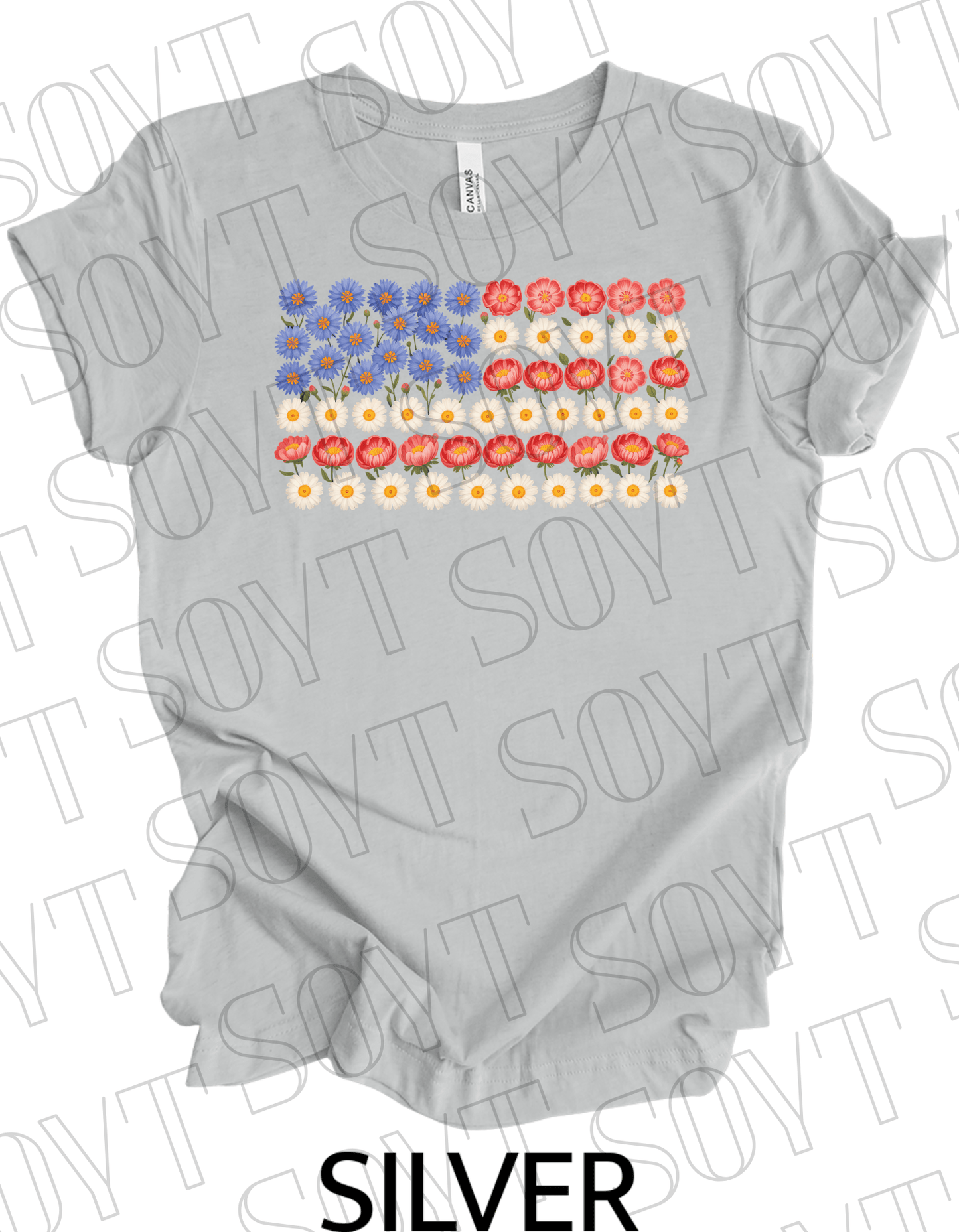 Floral Flag T-Shirt – Bella+Canvas Patriotic Wildflower Tee - Festive Apparel StoreSilver