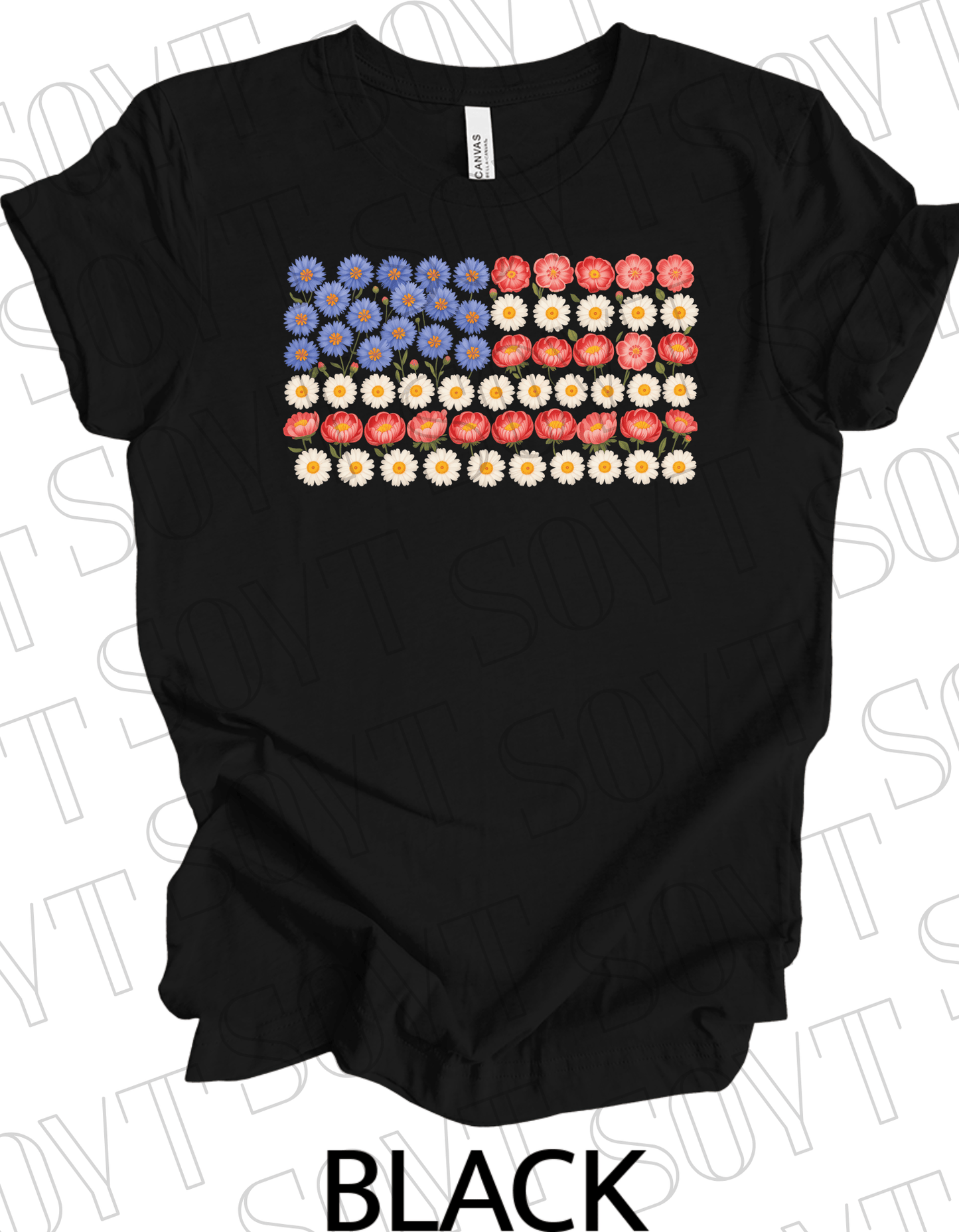 Floral Flag T-Shirt – Bella+Canvas Patriotic Wildflower Tee - Festive Apparel StoreBlack