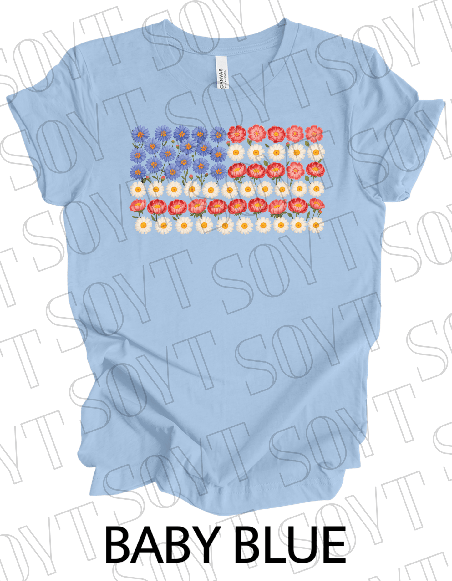 Floral Flag T-Shirt – Bella+Canvas Patriotic Wildflower Tee - Festive Apparel StoreBaby Blue