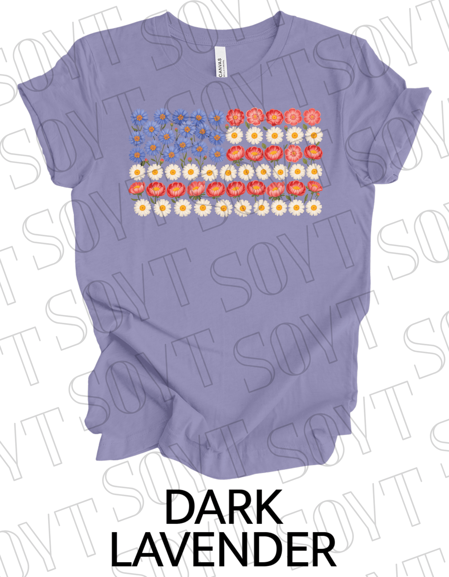 Floral Flag T-Shirt – Bella+Canvas Patriotic Wildflower Tee - Festive Apparel StoreDark Lavender
