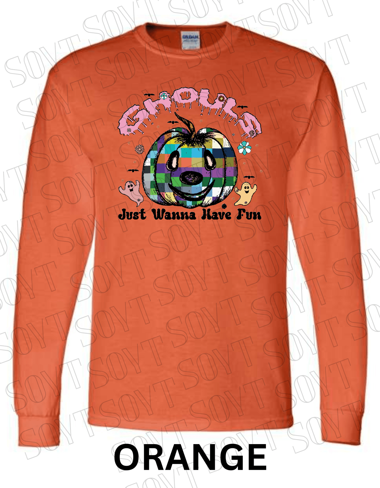 Ghouls Just Wanna Have Fun Halloween Long Sleeve – Colorful Plaid Pumpkin & Ghost Shirt - Festive Apparel StoreOrange