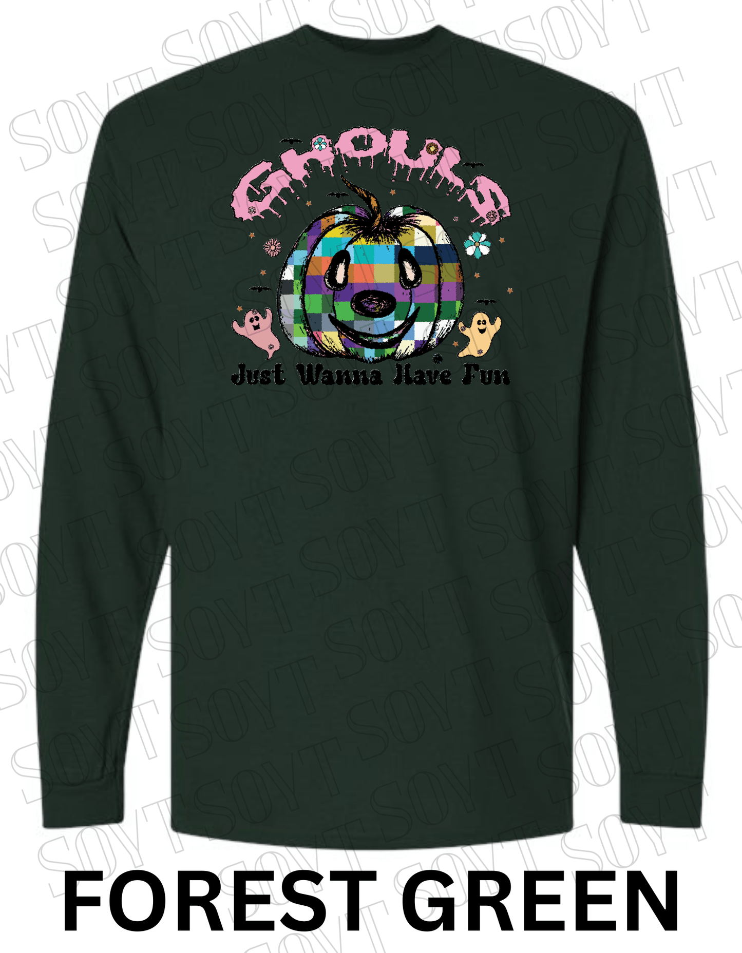 Ghouls Just Wanna Have Fun Halloween Long Sleeve – Colorful Plaid Pumpkin & Ghost Shirt - Festive Apparel StoreForest Green