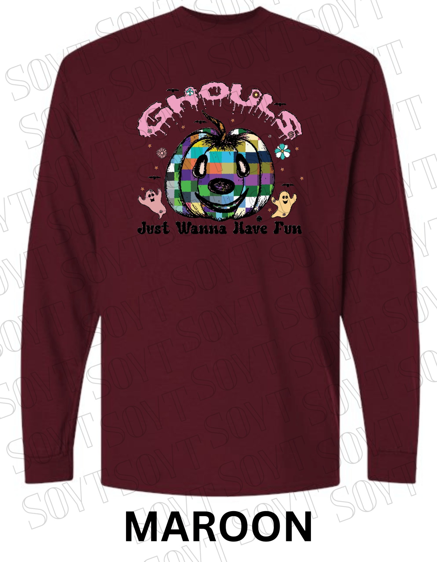 Ghouls Just Wanna Have Fun Halloween Long Sleeve – Colorful Plaid Pumpkin & Ghost Shirt - Festive Apparel StoreMaroon