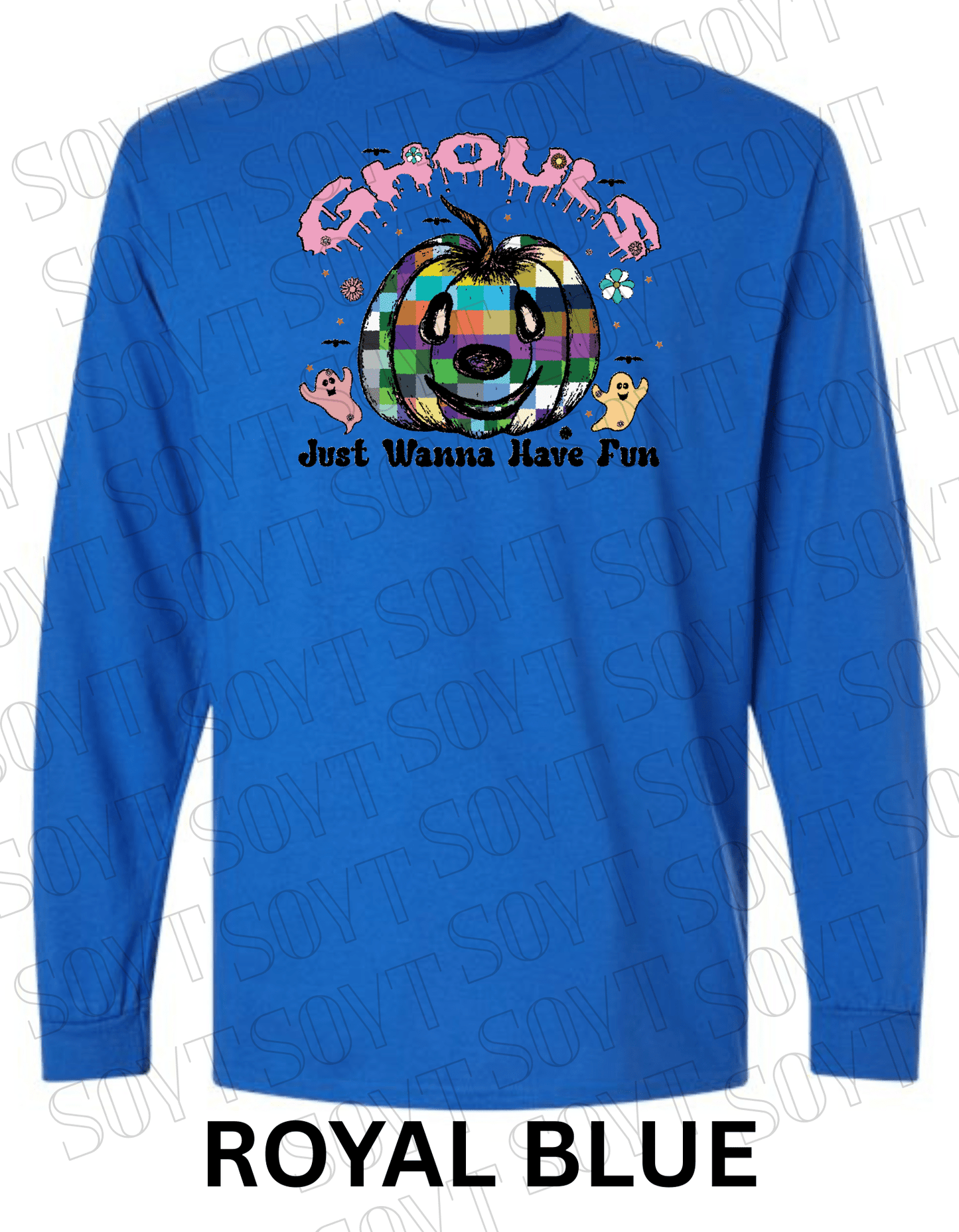 Ghouls Just Wanna Have Fun Halloween Long Sleeve – Colorful Plaid Pumpkin & Ghost Shirt - Festive Apparel StoreRoyal Blue
