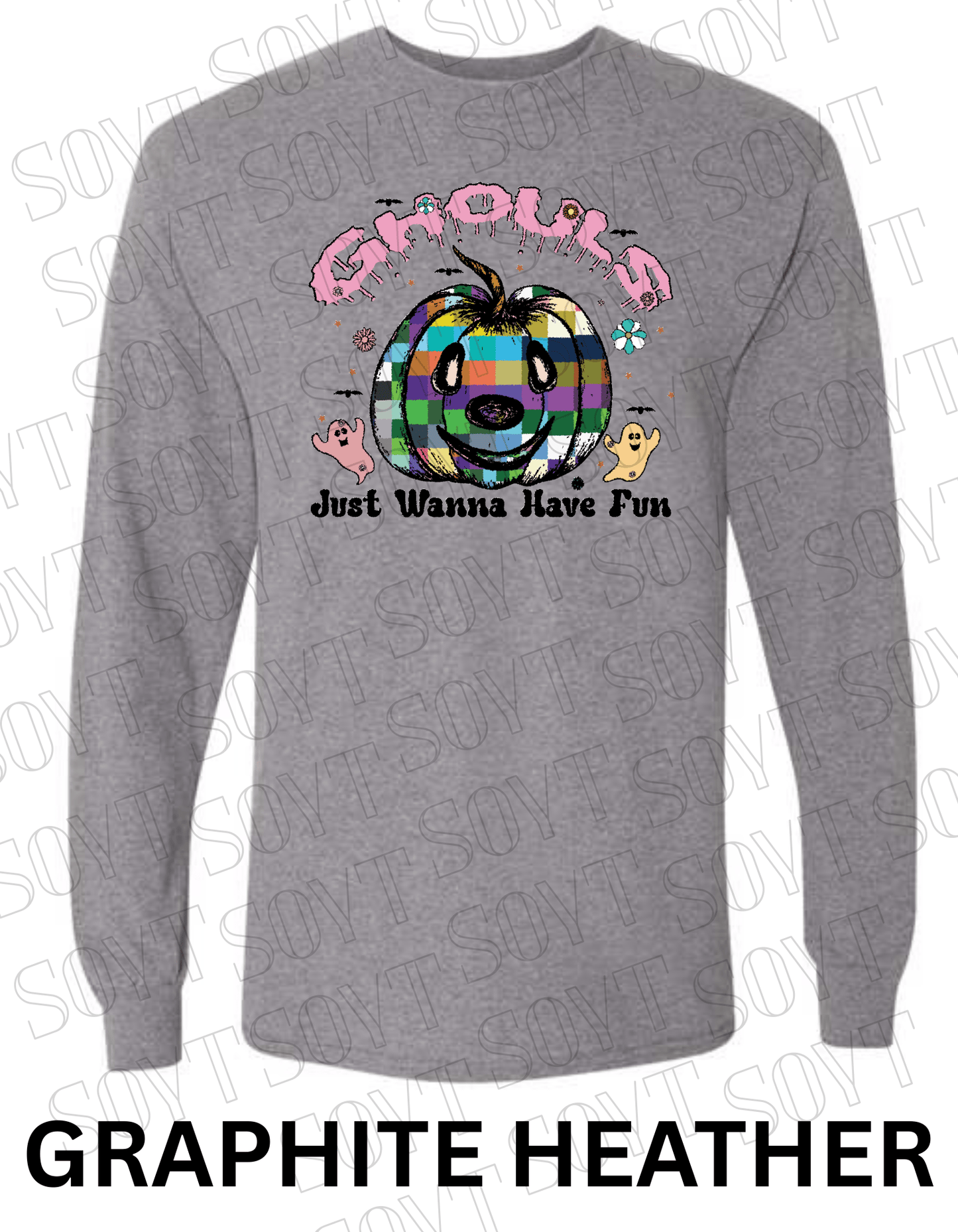 Ghouls Just Wanna Have Fun Halloween Long Sleeve – Colorful Plaid Pumpkin & Ghost Shirt - Festive Apparel StoreGraphite Heather