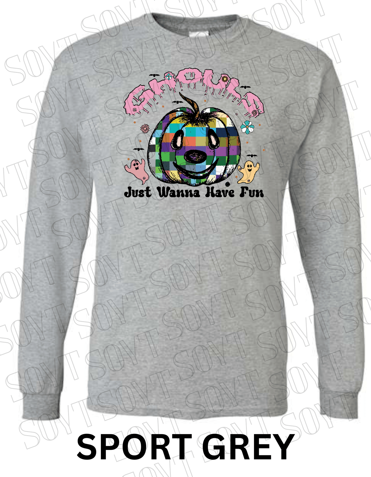 Ghouls Just Wanna Have Fun Halloween Long Sleeve – Colorful Plaid Pumpkin & Ghost Shirt - Festive Apparel StoreSport Grey