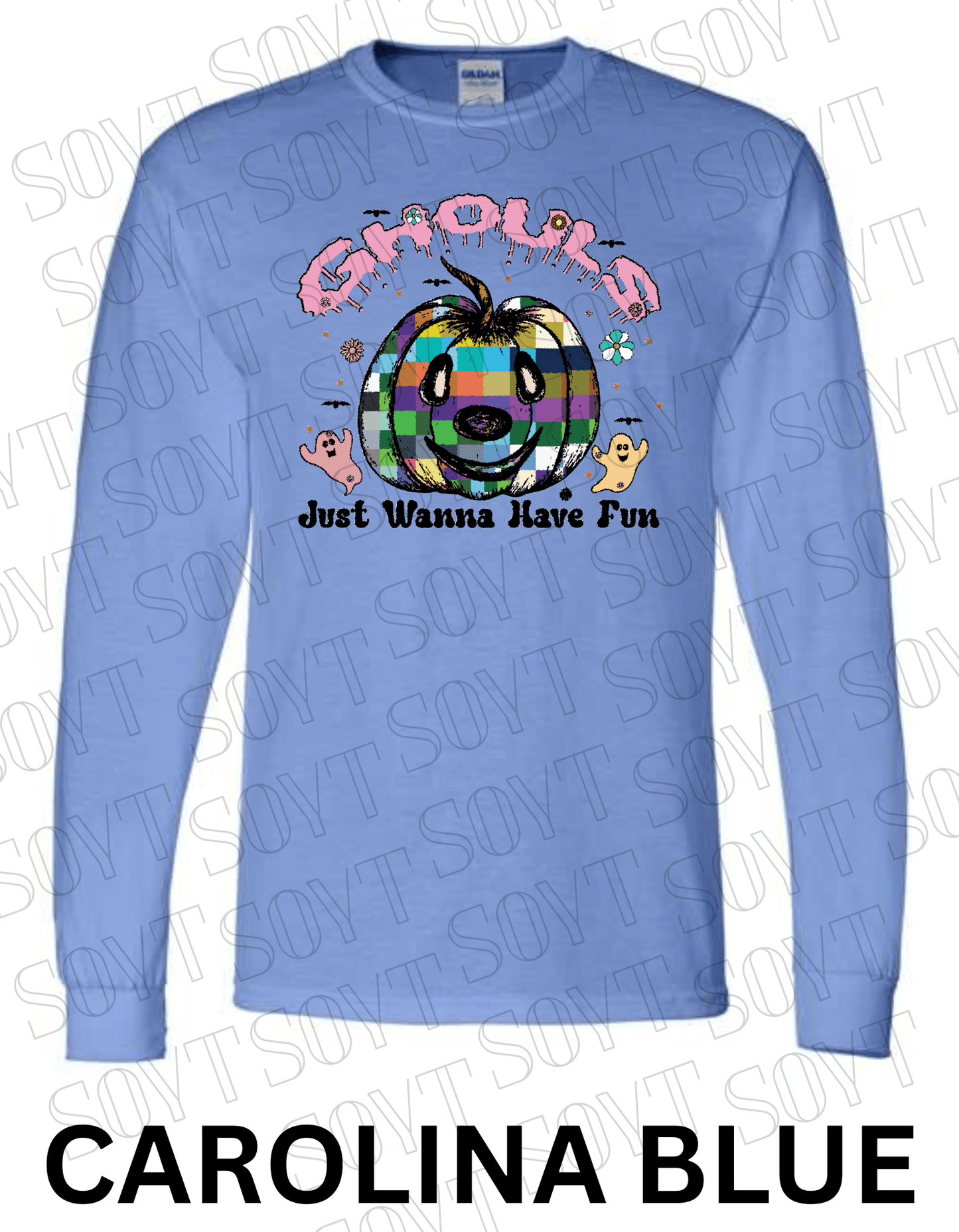 Ghouls Just Wanna Have Fun Halloween Long Sleeve – Colorful Plaid Pumpkin & Ghost Shirt - Festive Apparel StoreCarolina Blue