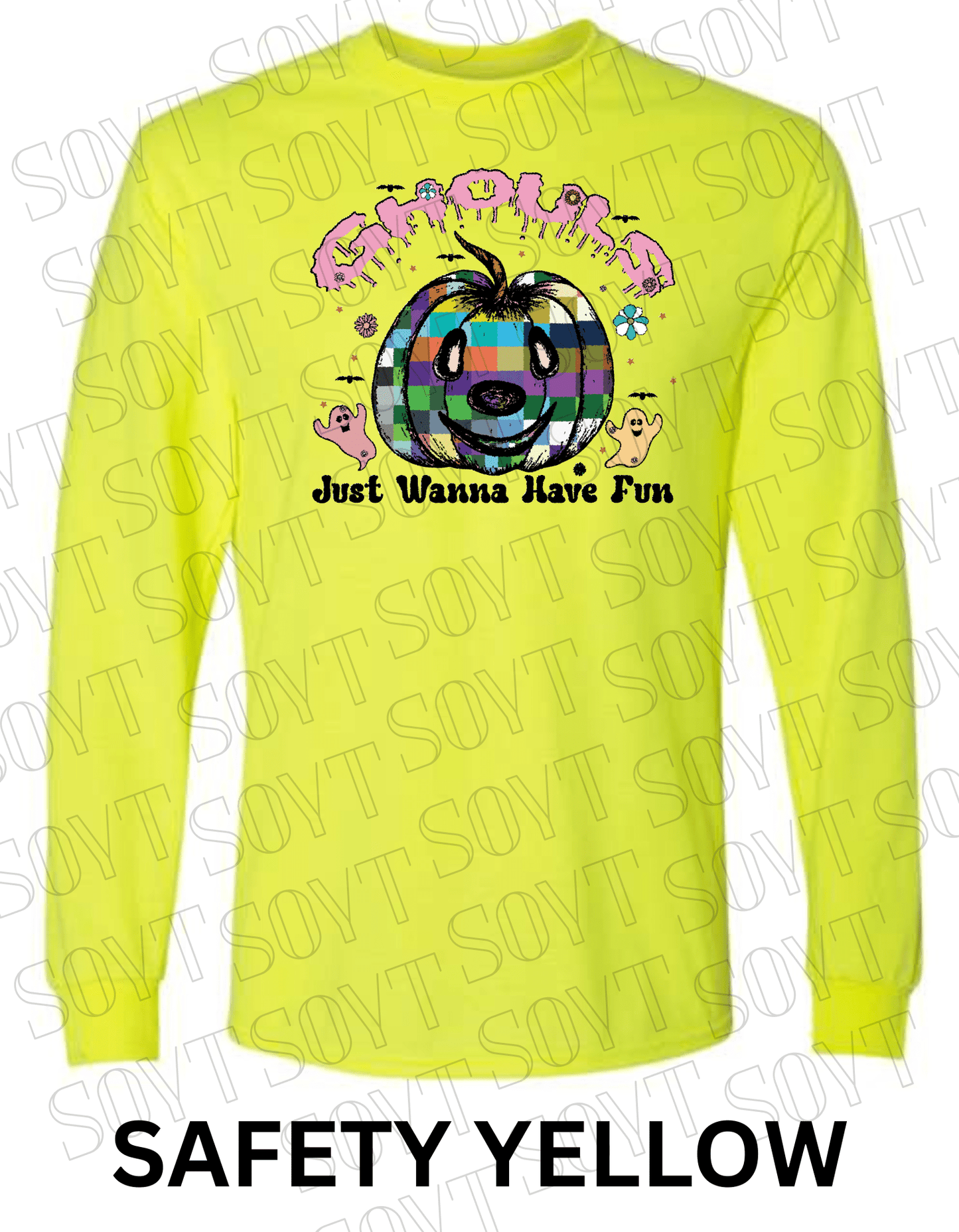Ghouls Just Wanna Have Fun Halloween Long Sleeve – Colorful Plaid Pumpkin & Ghost Shirt - Festive Apparel StoreSafety Yellow
