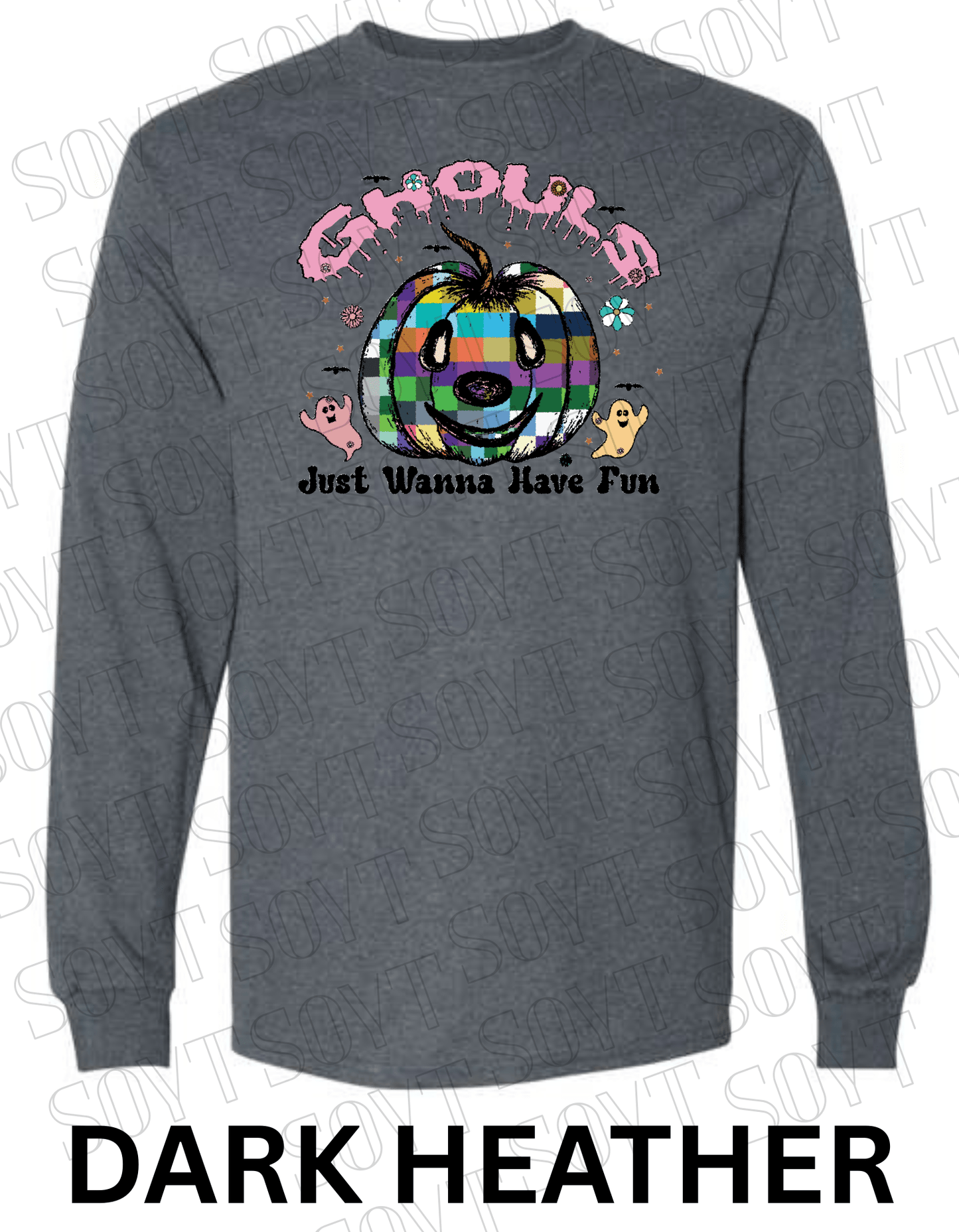 Ghouls Just Wanna Have Fun Halloween Long Sleeve – Colorful Plaid Pumpkin & Ghost Shirt - Festive Apparel StoreDark Heather