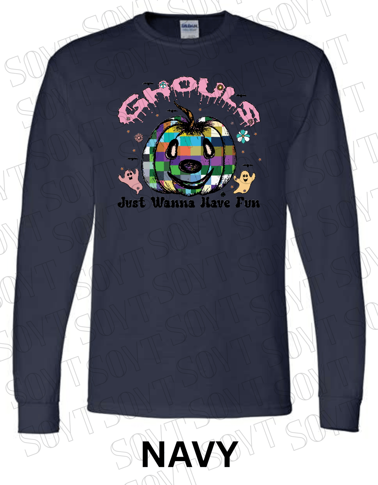 Ghouls Just Wanna Have Fun Halloween Long Sleeve – Colorful Plaid Pumpkin & Ghost Shirt - Festive Apparel StoreNavy Blue