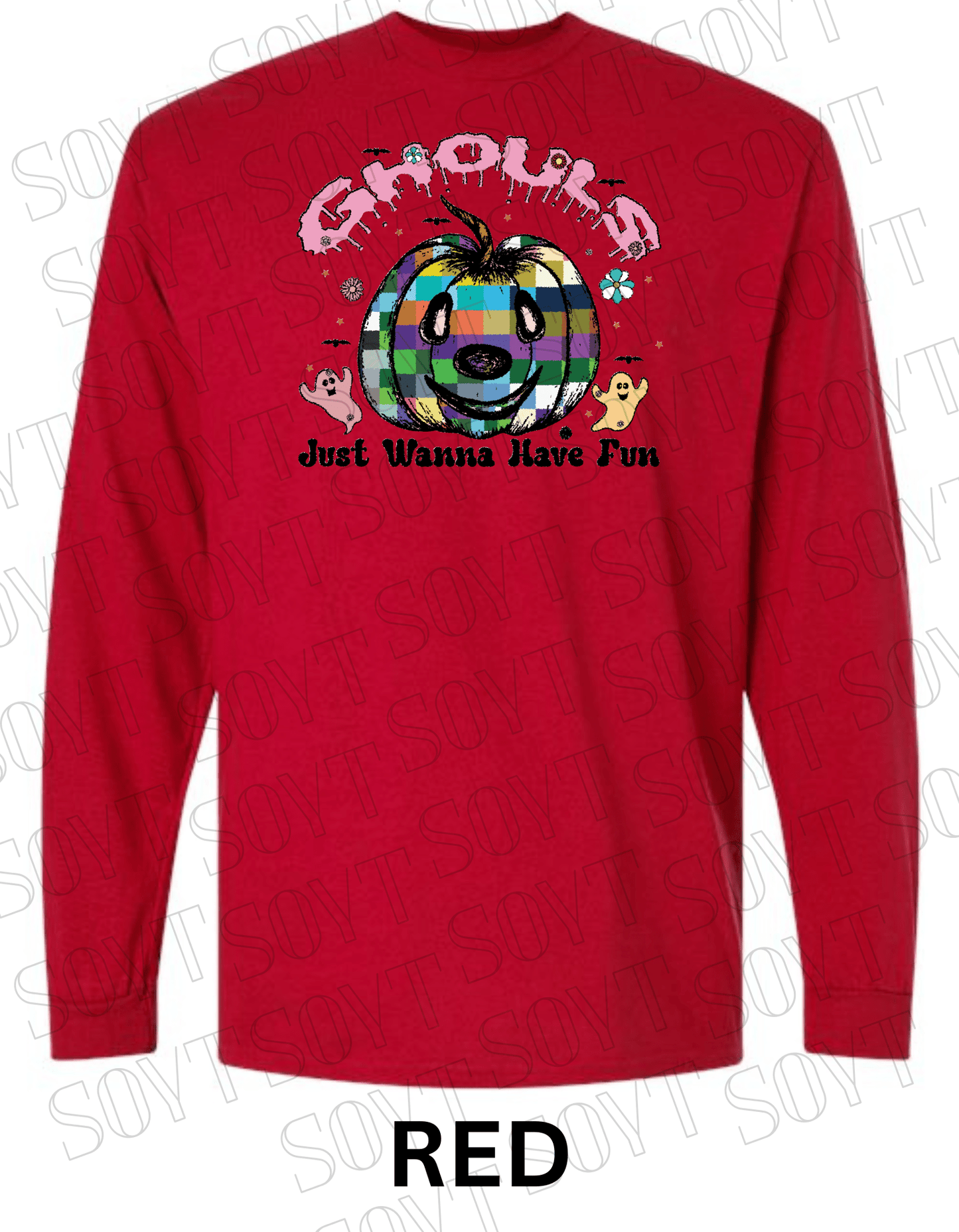 Ghouls Just Wanna Have Fun Halloween Long Sleeve – Colorful Plaid Pumpkin & Ghost Shirt - Festive Apparel StoreRed
