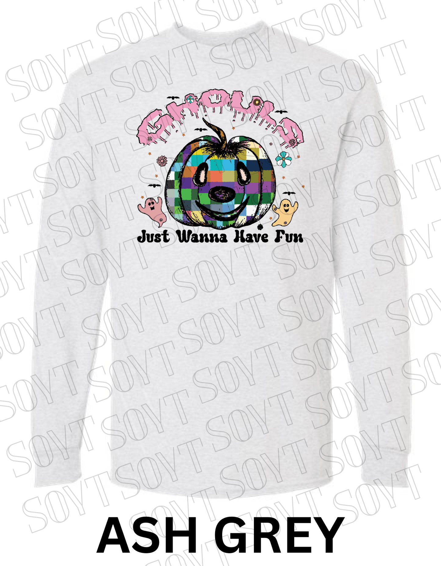 Ghouls Just Wanna Have Fun Halloween Long Sleeve – Colorful Plaid Pumpkin & Ghost Shirt - Festive Apparel StoreAsh Gray