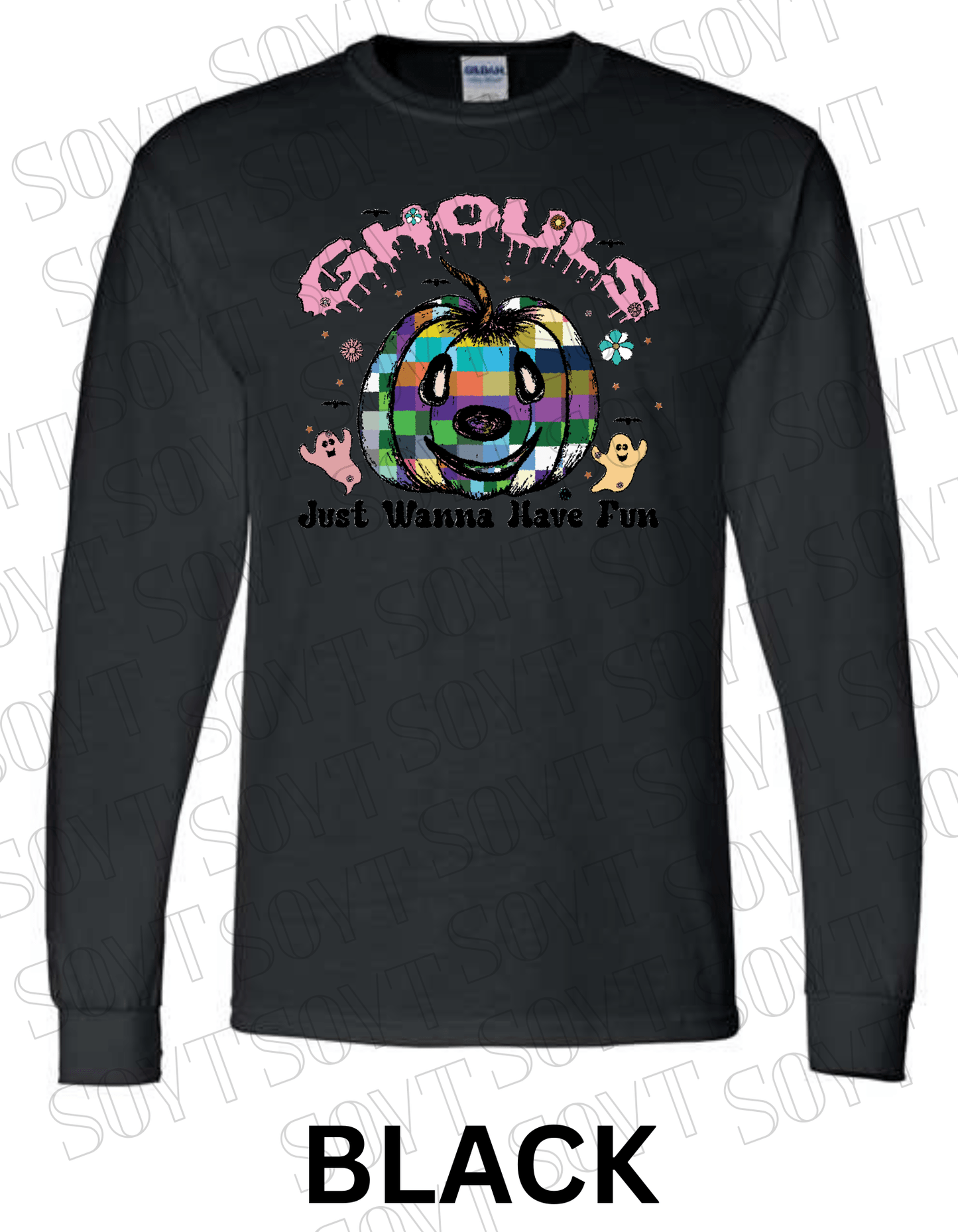 Ghouls Just Wanna Have Fun Halloween Long Sleeve – Colorful Plaid Pumpkin & Ghost Shirt - Festive Apparel StoreBlack