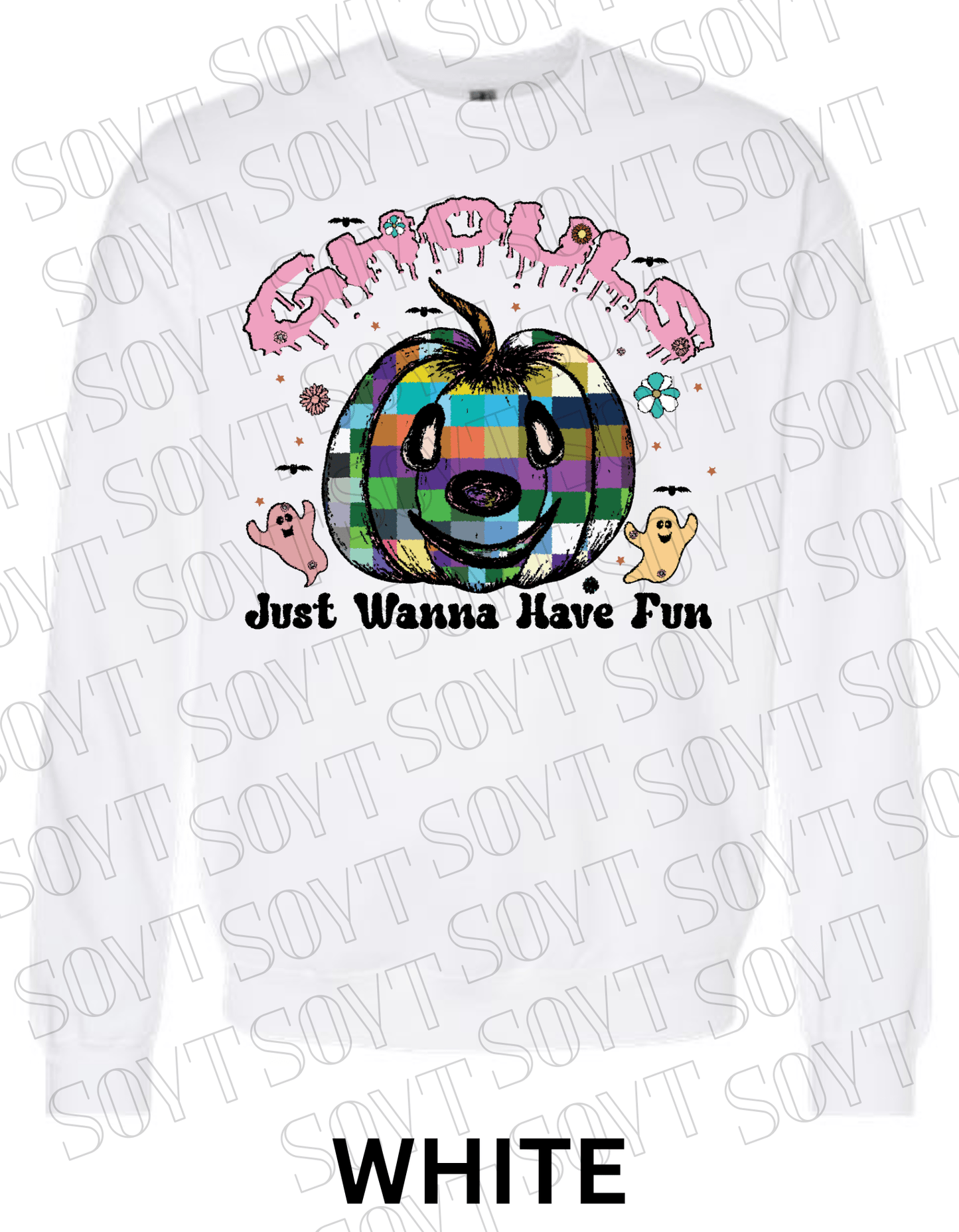 Ghouls Just Wanna Have Fun Halloween Sweatshirt – Colorful Plaid Pumpkin & Ghost Fleece Pullover - Festive Apparel StoreWhite