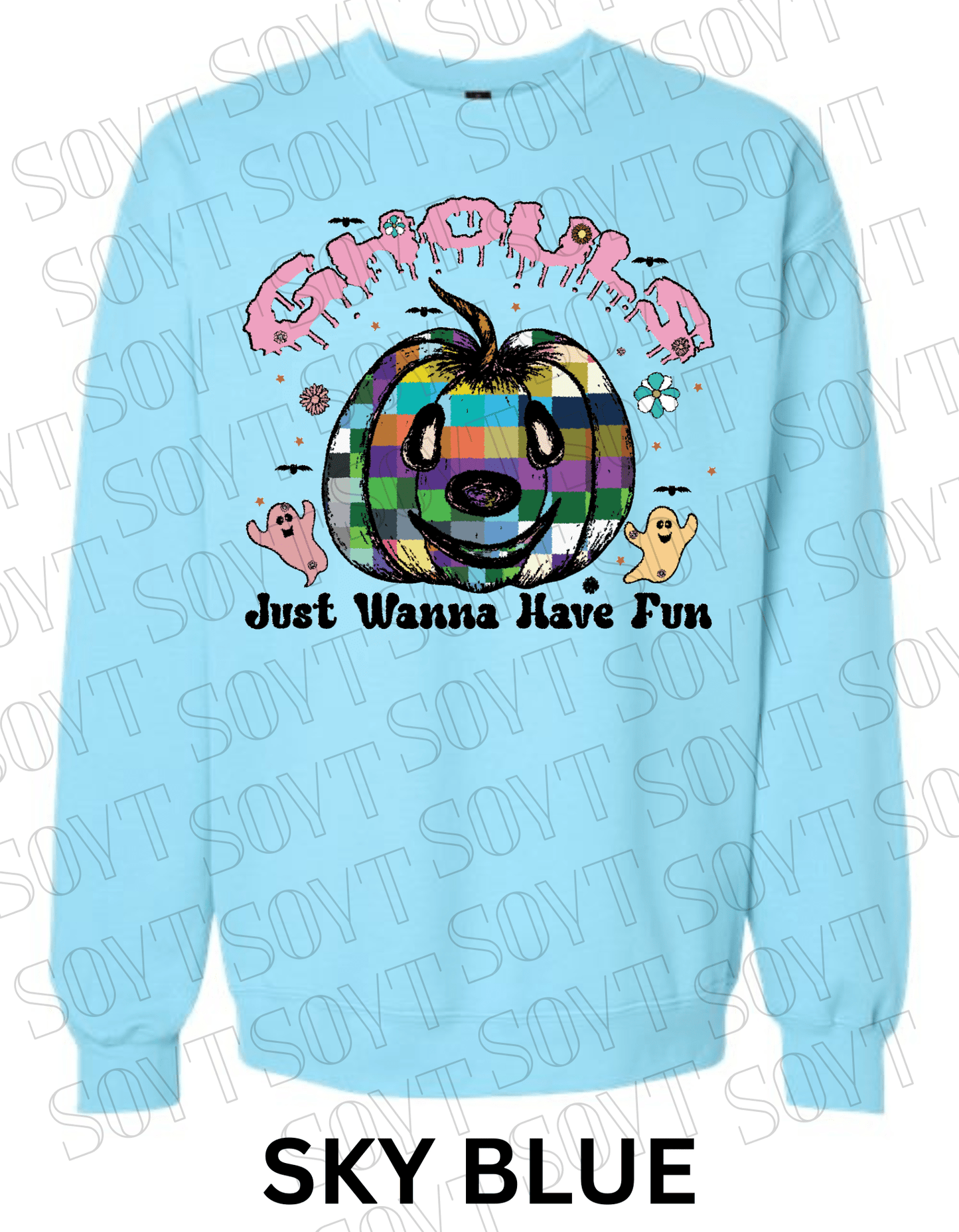 Ghouls Just Wanna Have Fun Halloween Sweatshirt – Colorful Plaid Pumpkin & Ghost Fleece Pullover - Festive Apparel StoreSky Blue