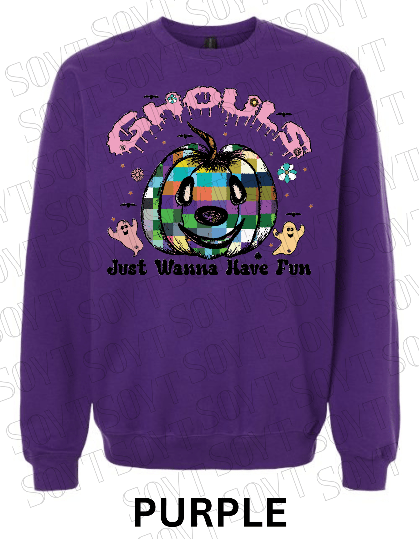 Ghouls Just Wanna Have Fun Halloween Sweatshirt – Colorful Plaid Pumpkin & Ghost Fleece Pullover - Festive Apparel StorePurple