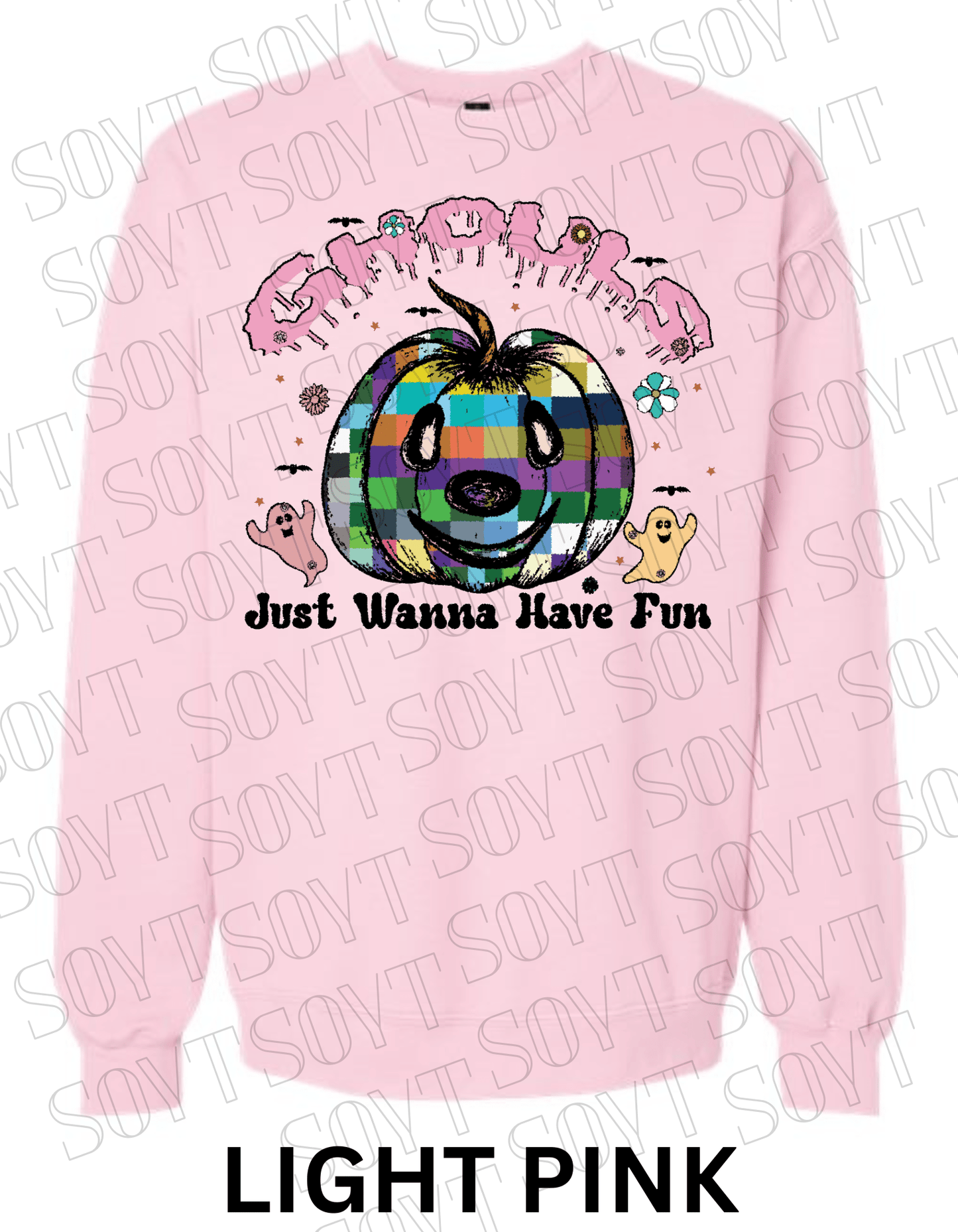 Ghouls Just Wanna Have Fun Halloween Sweatshirt – Colorful Plaid Pumpkin & Ghost Fleece Pullover - Festive Apparel StoreLight Pink